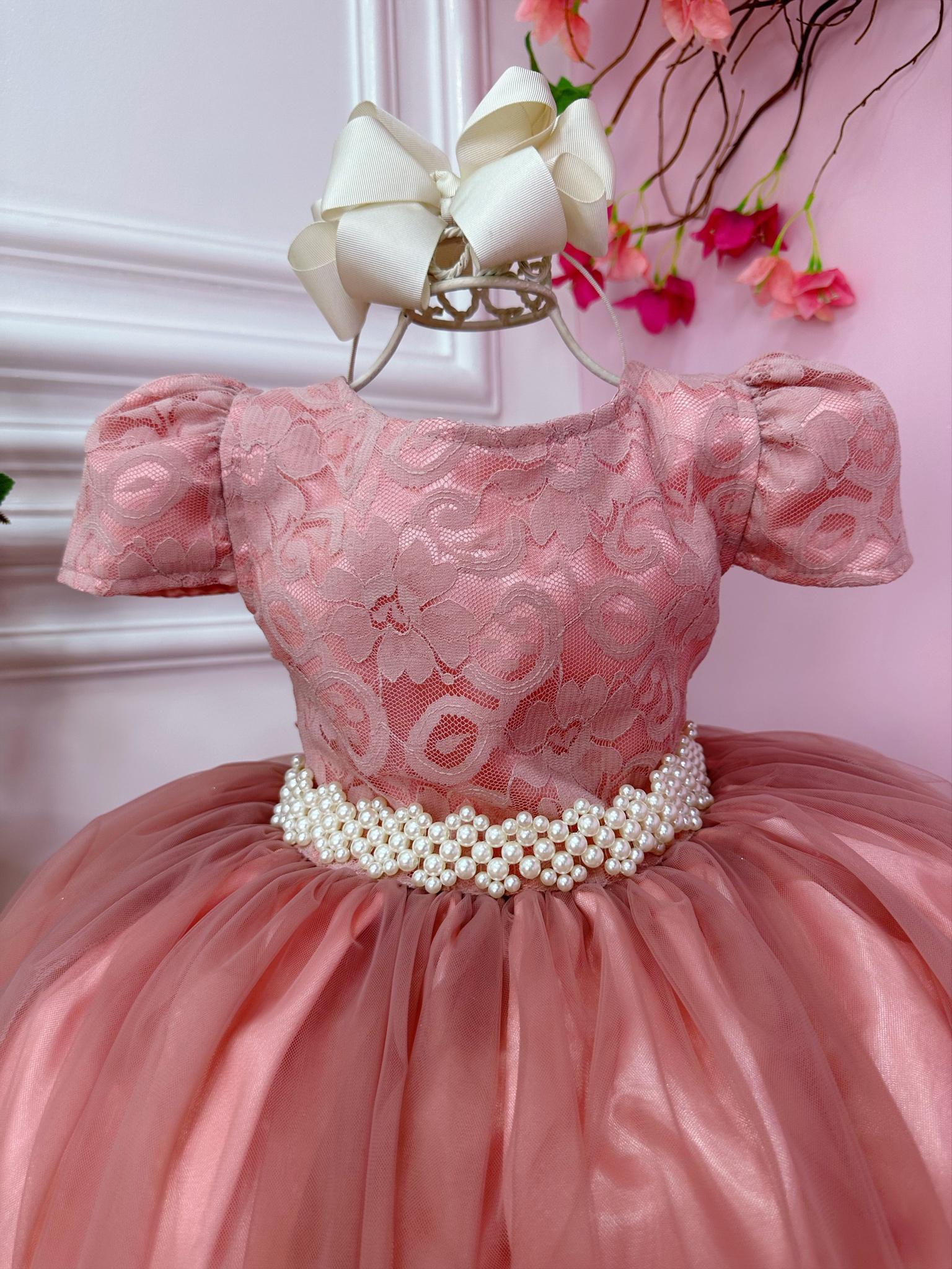 Vestido Infantil Rose Realeza C/ Renda e Pérolas Festa Luxo