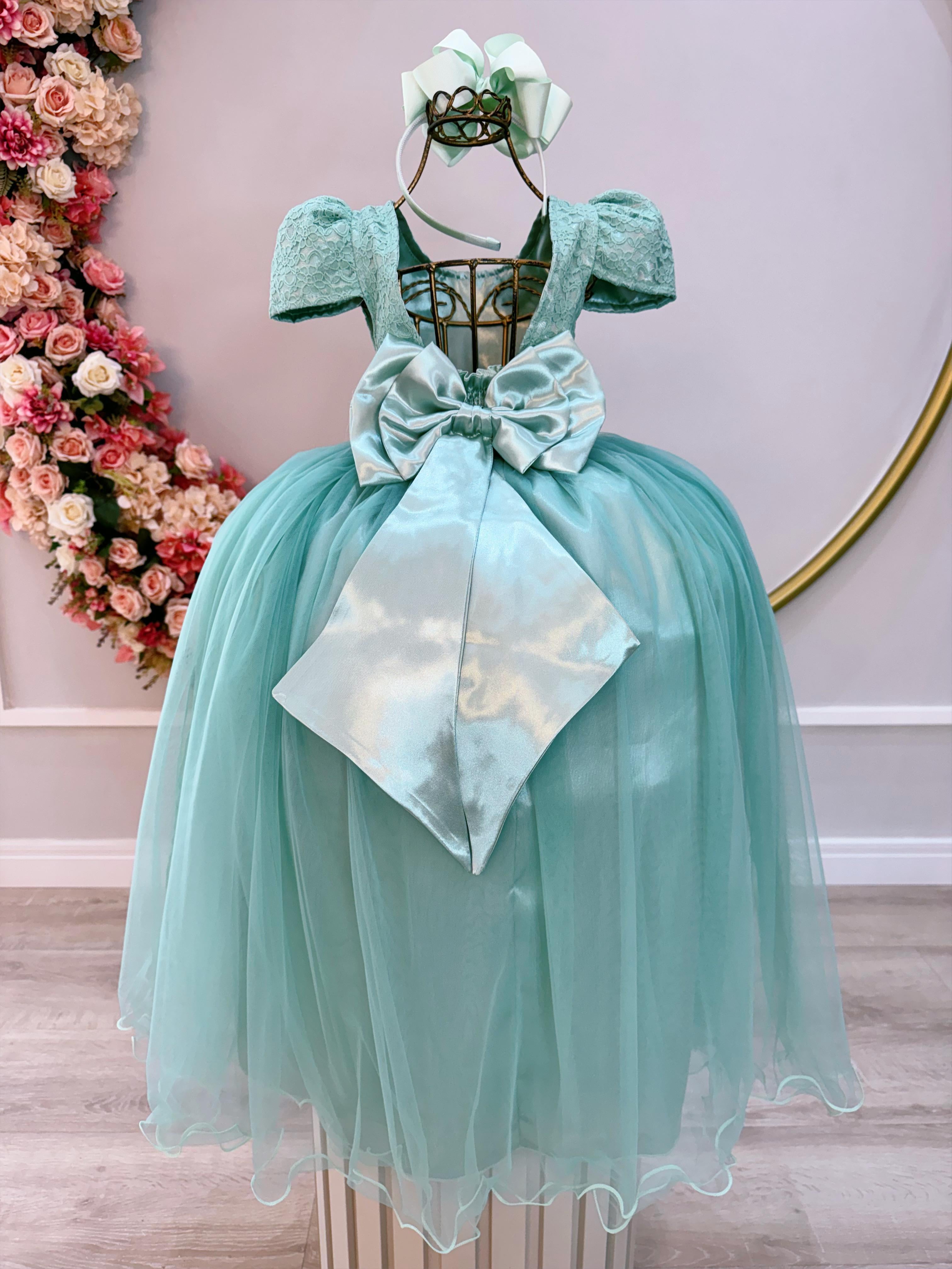 Vestido Infantil Verde Menta Tule Renda Longo Casamento