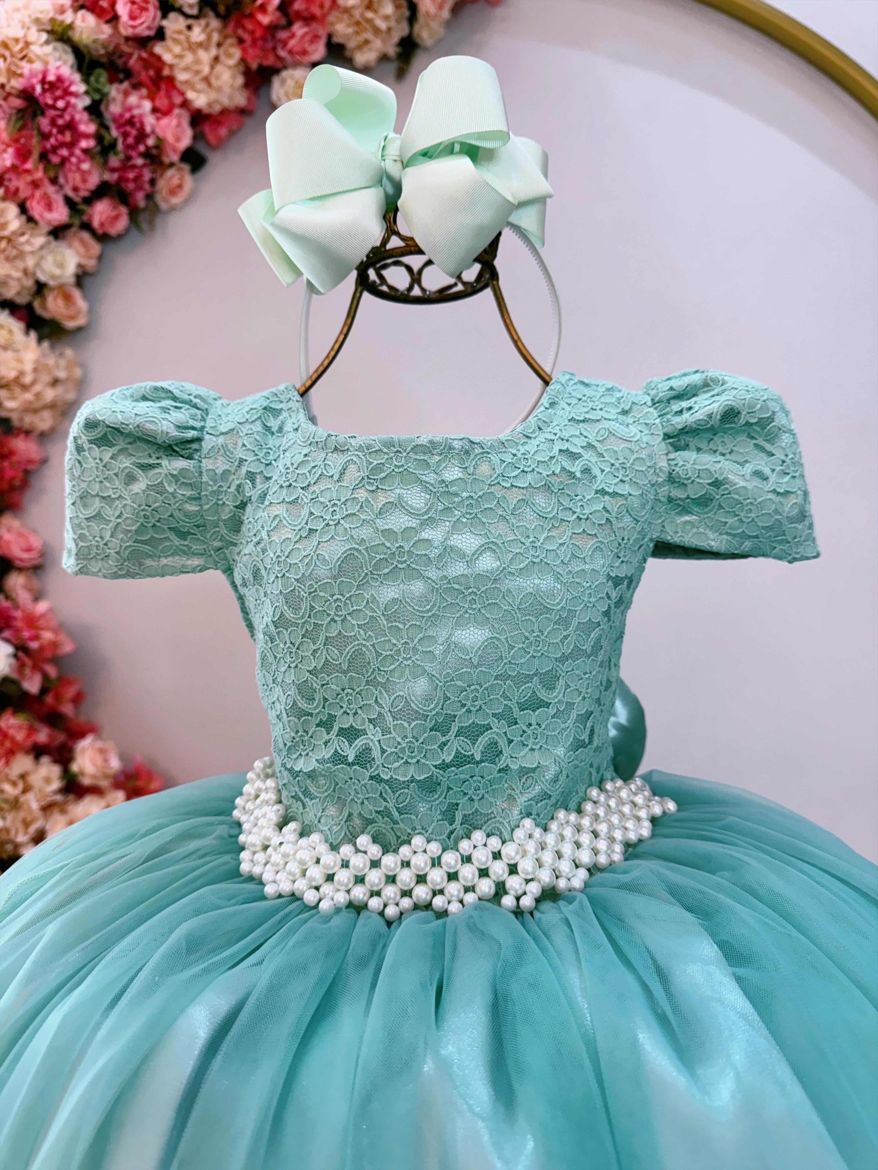 Vestido Infantil Verde Menta Tule Renda Longo Casamento
