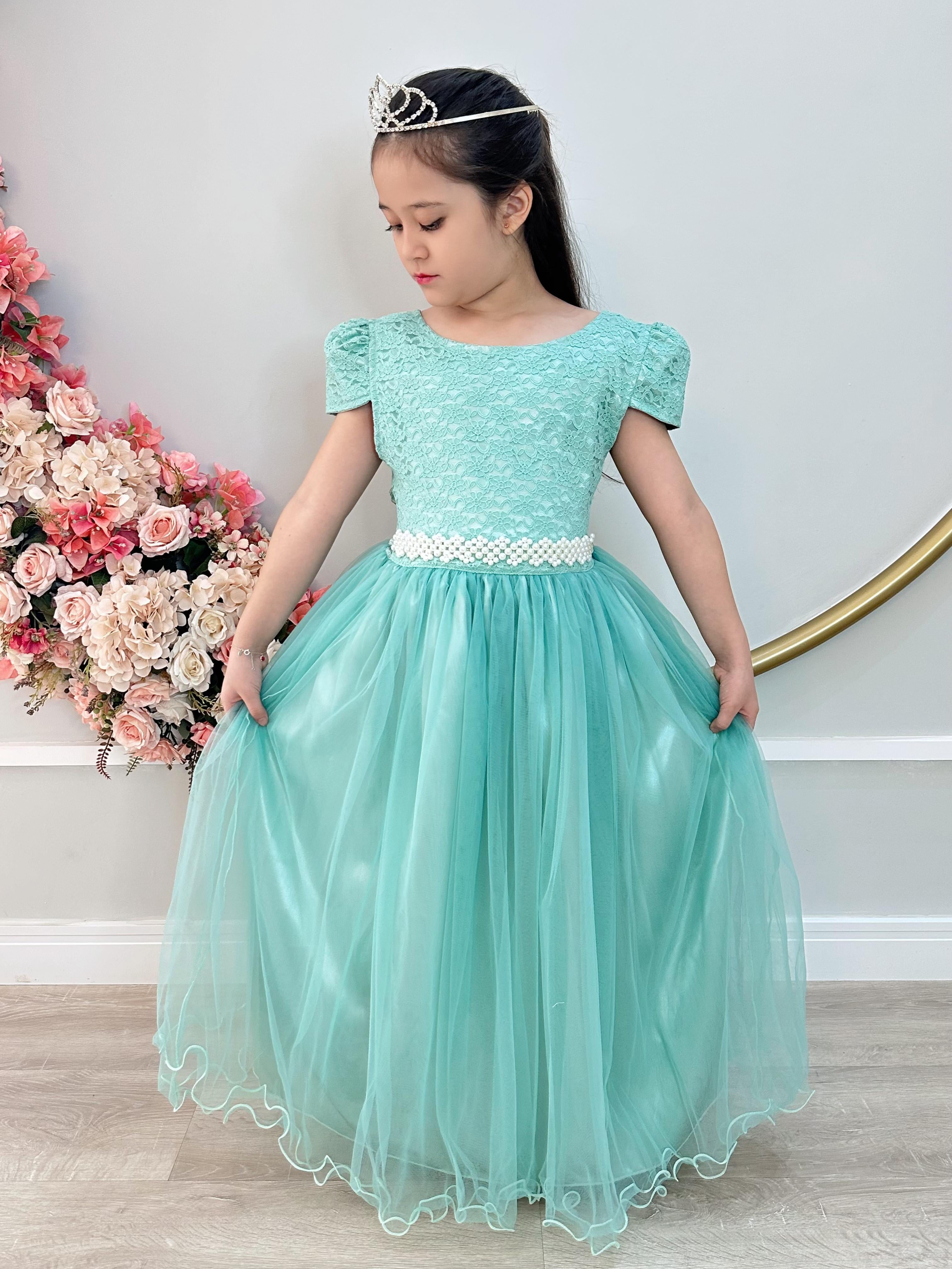 Vestido Infantil Verde Menta Tule Renda Longo Casamento