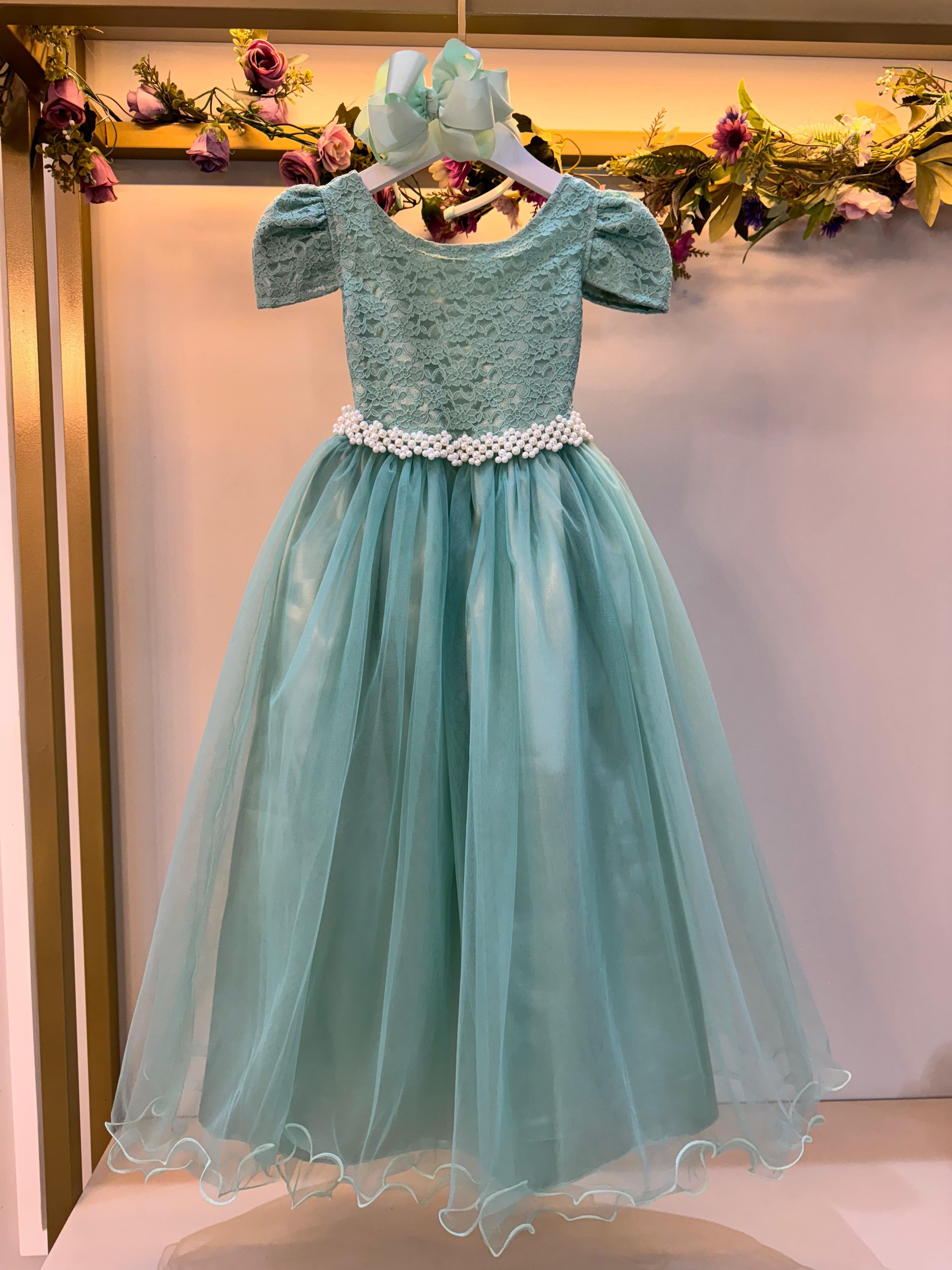 Vestido Infantil Verde Menta Tule Renda Longo Casamento