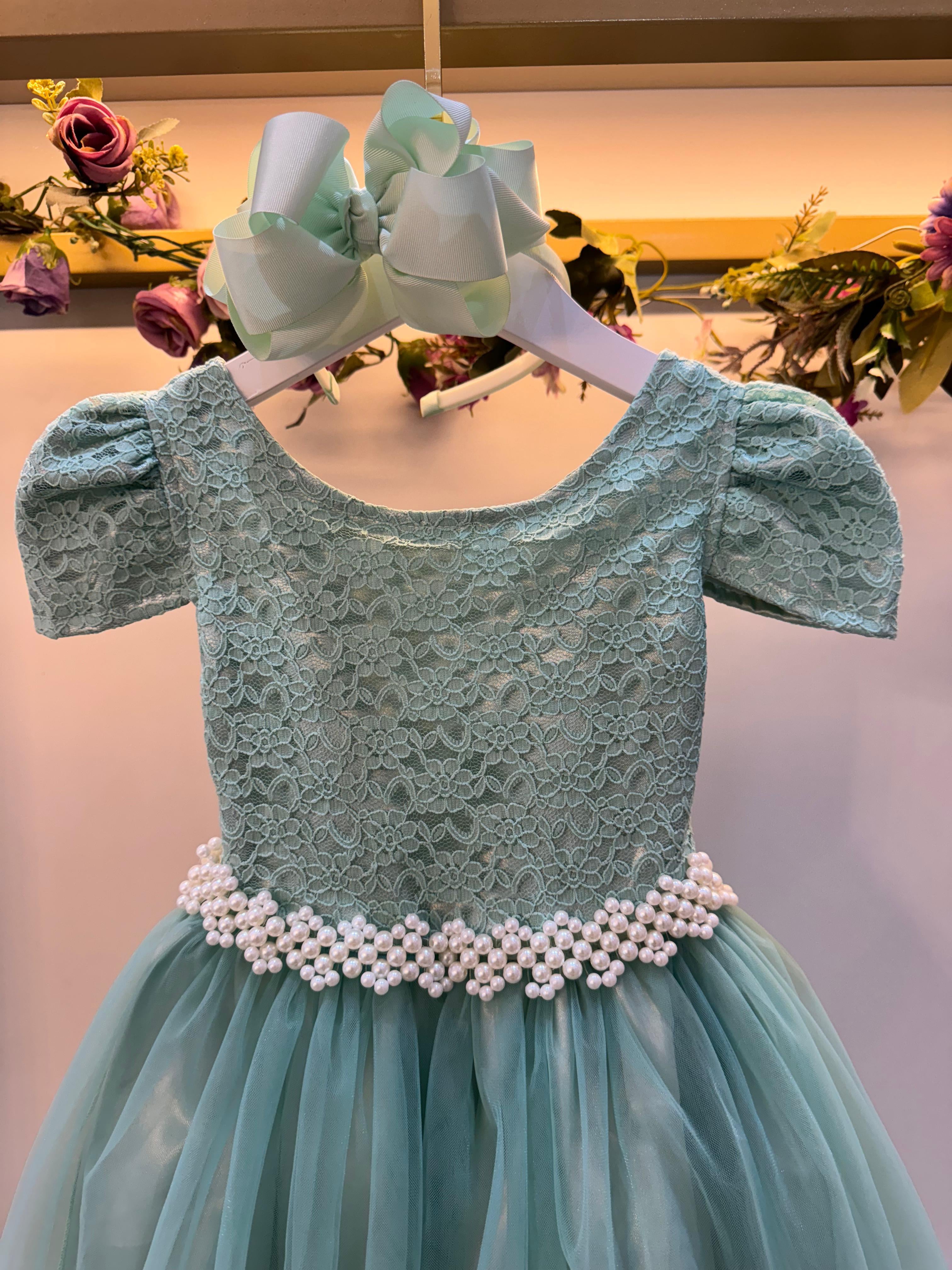 Vestido Infantil Verde Menta Tule Renda Longo Casamento