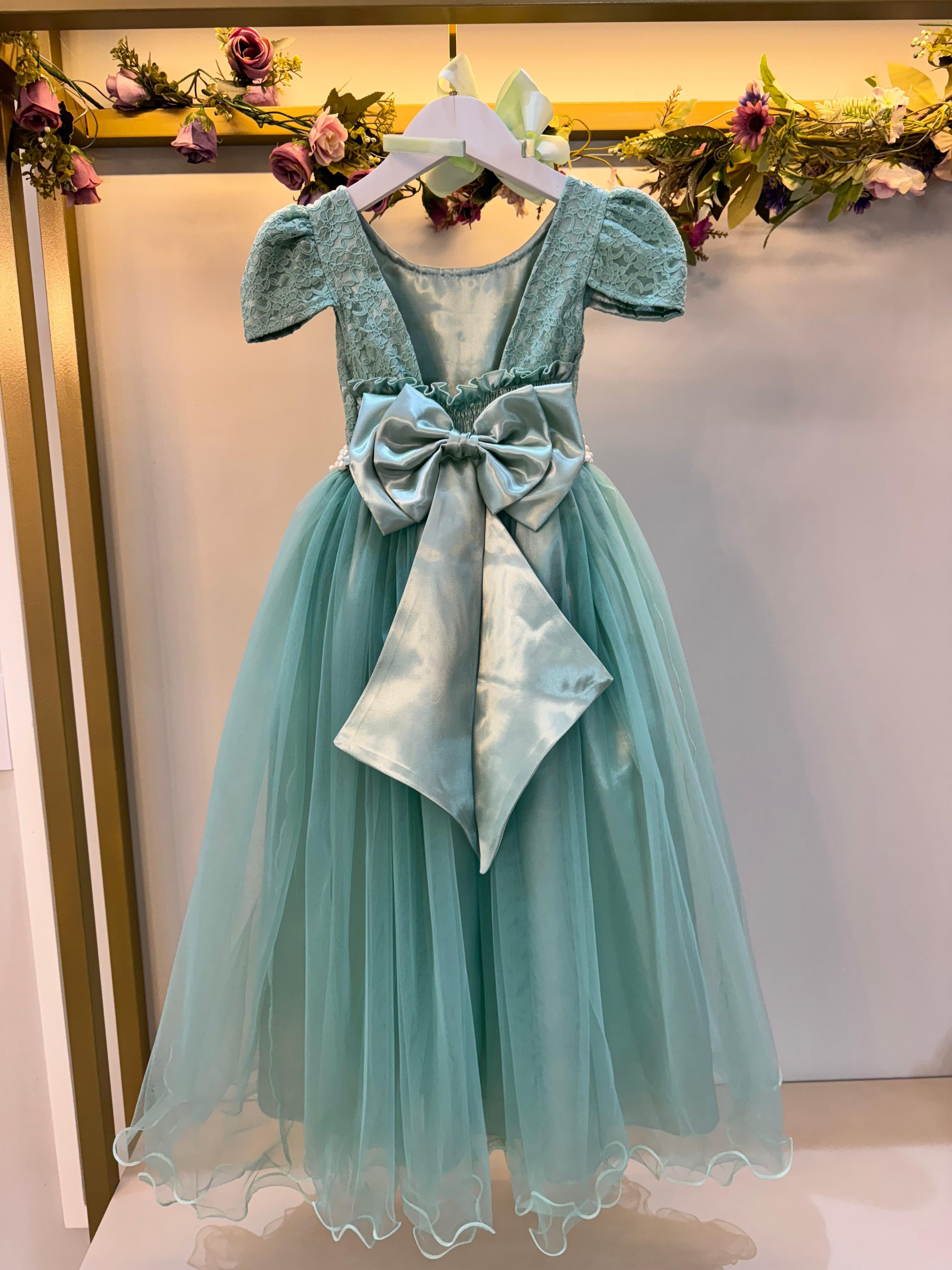 Vestido Infantil Verde Menta Tule Renda Longo Casamento