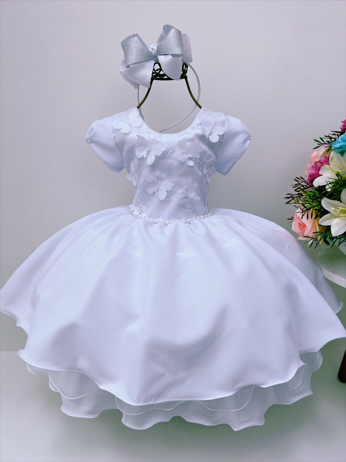 Vestido Infantil Branco Aplique de Borboletas Pérolas Luxo