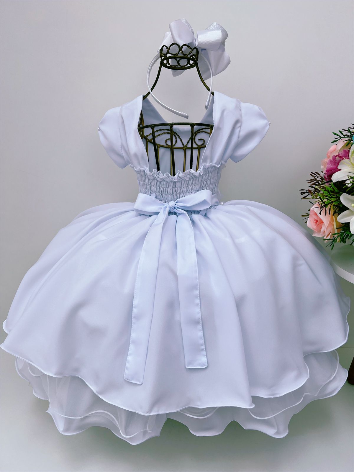 Vestido Infantil Branco Aplique de Borboletas Pérolas Luxo