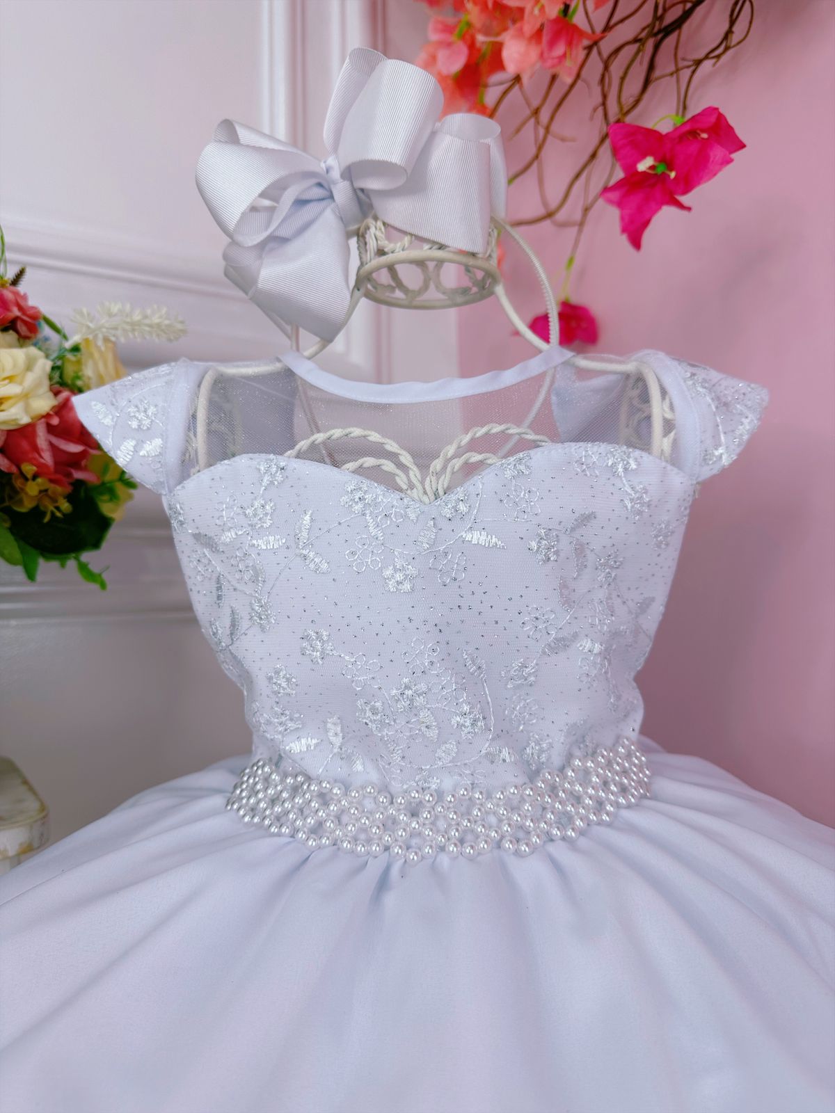 Vestido Infantil Branco C/ Glitter e Renda Cinto de Pérolas
