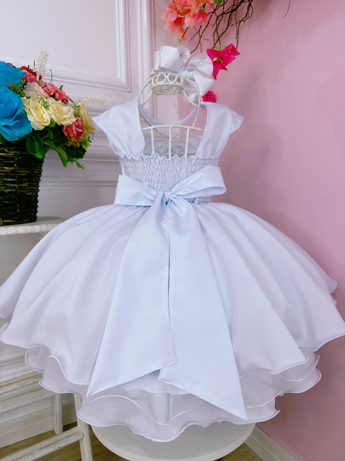 Vestido Infantil Branco C/ Glitter e Renda Cinto de Pérolas