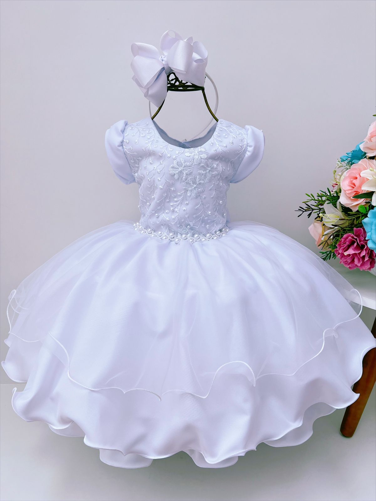 Vestido Infantil Branco Renda e Tule Cinto Pérolas 