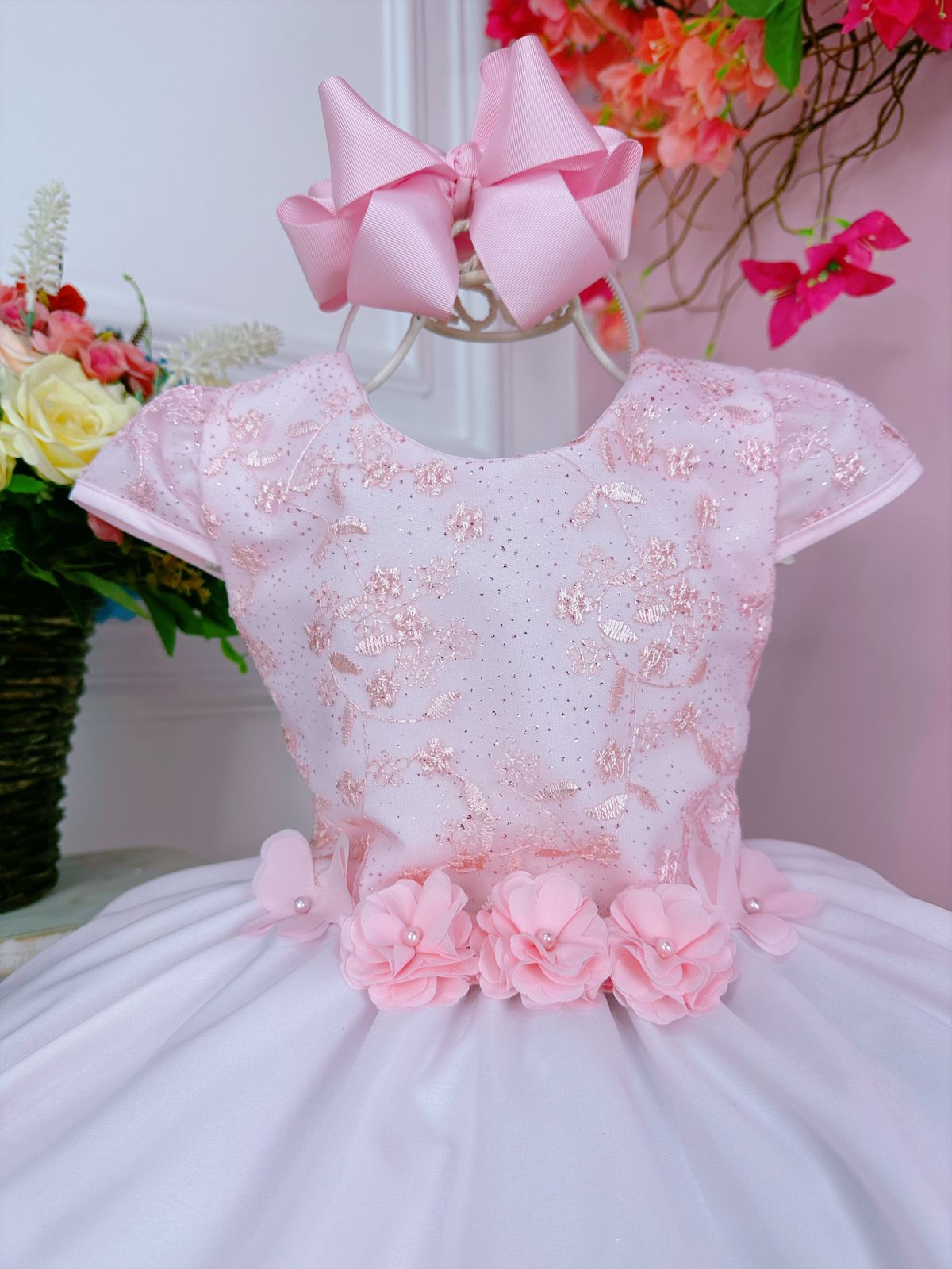 Vestido Infantil Rosa C/ Renda Damas e Aplique de Flores