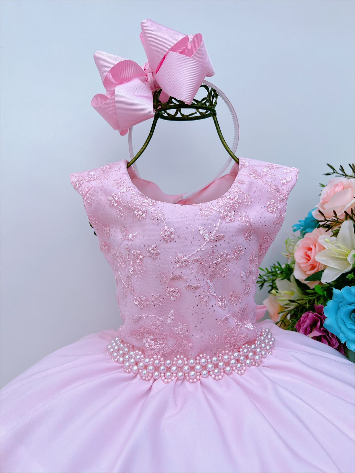 Vestido Infantil Rosa C/ Renda e Cinto Pérolas 