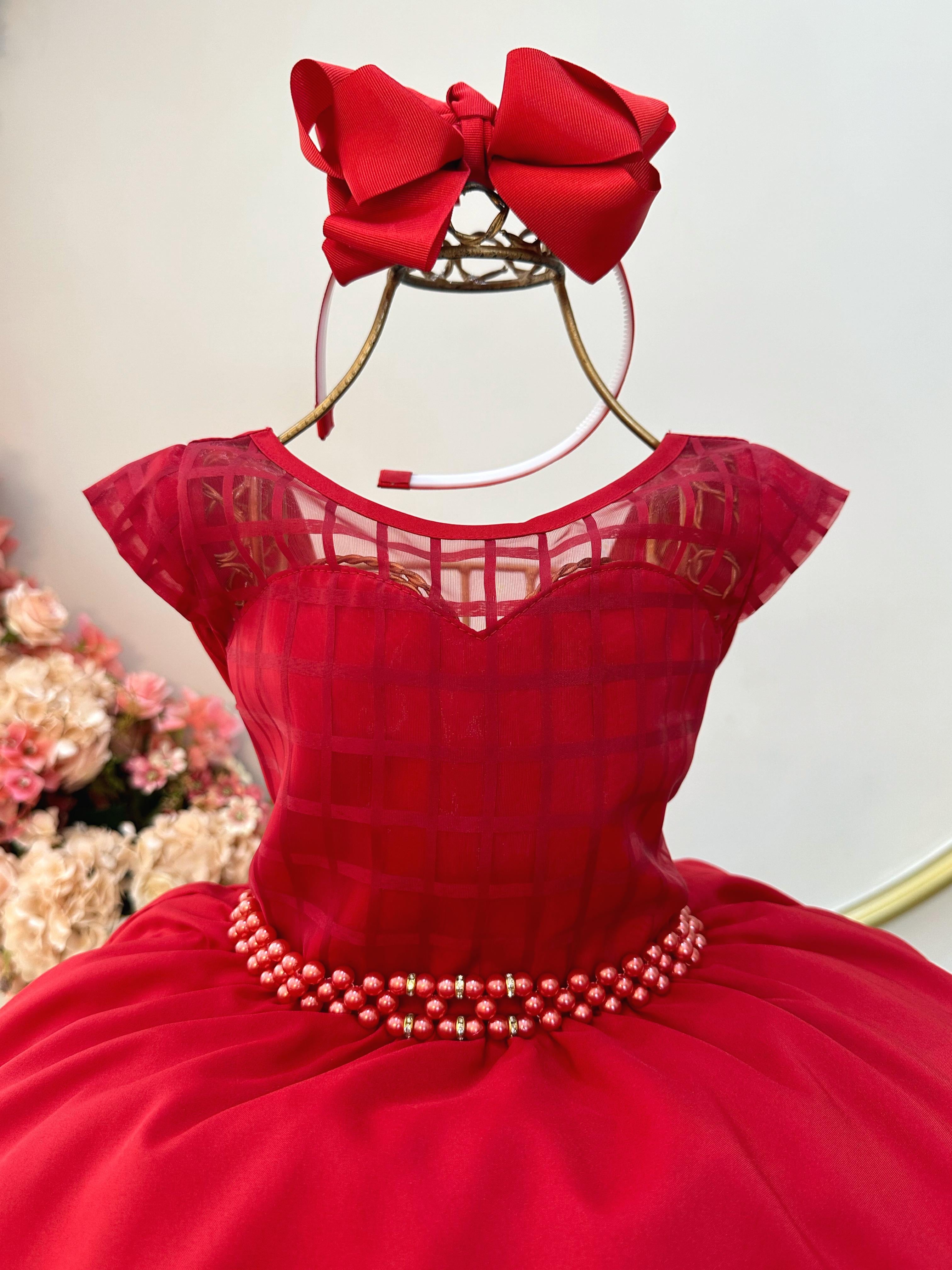 Vestido Infantil Vermelho C/ Cinto de Pérolas