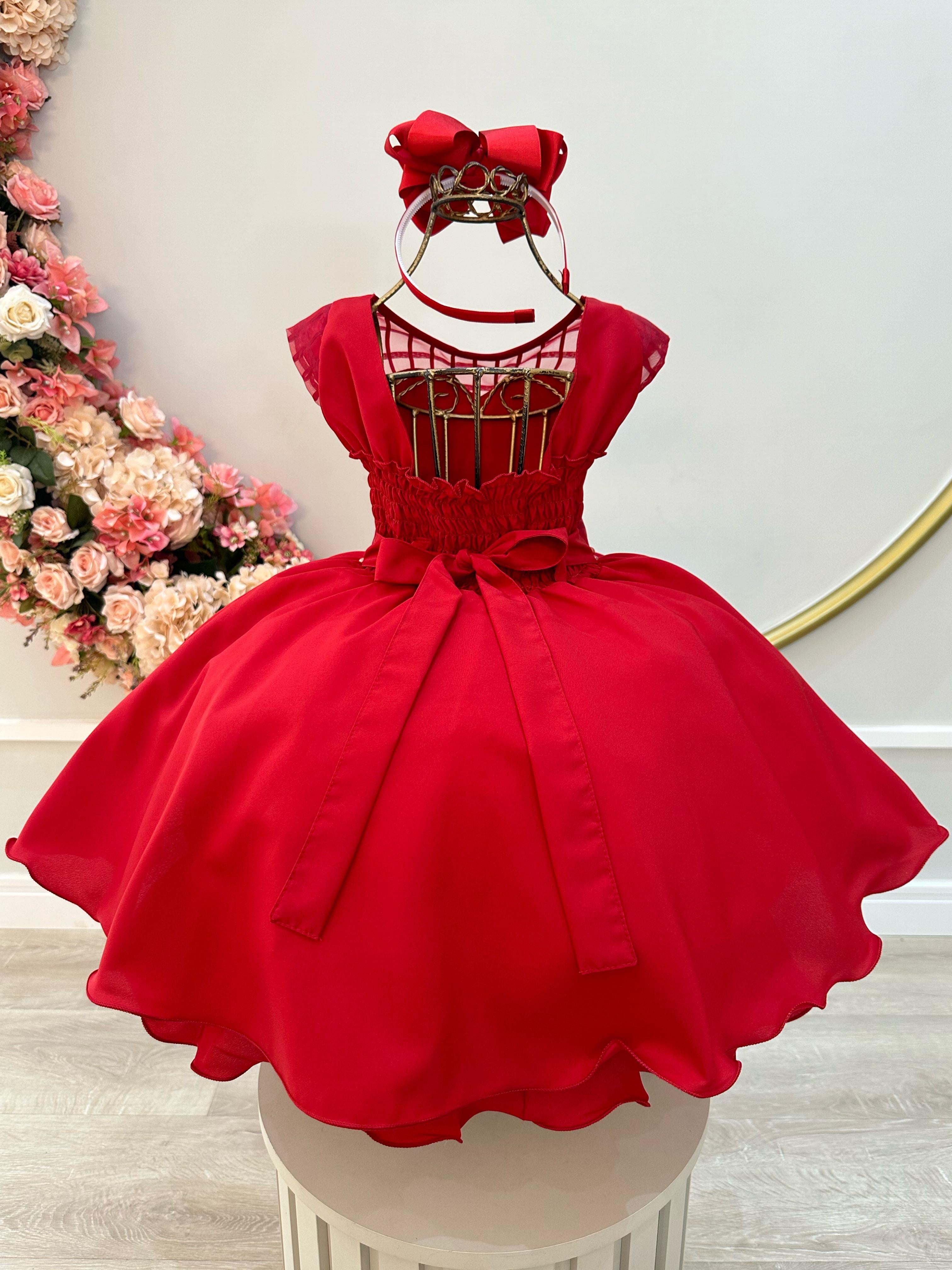 Vestido Infantil Vermelho C/ Cinto de Pérolas