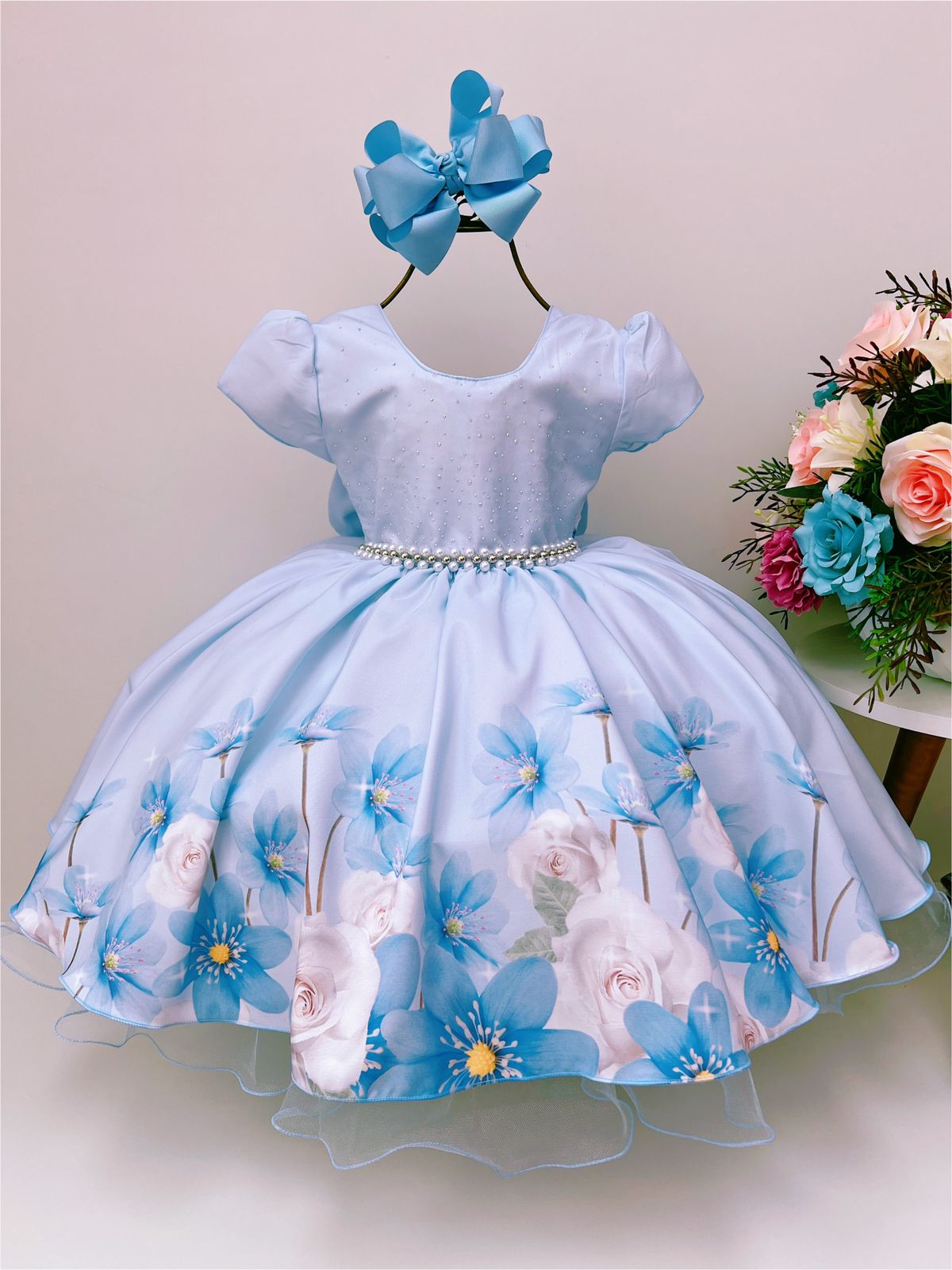 Vestido Infantil Azul Bebê Florido Peito Strass Pérolas