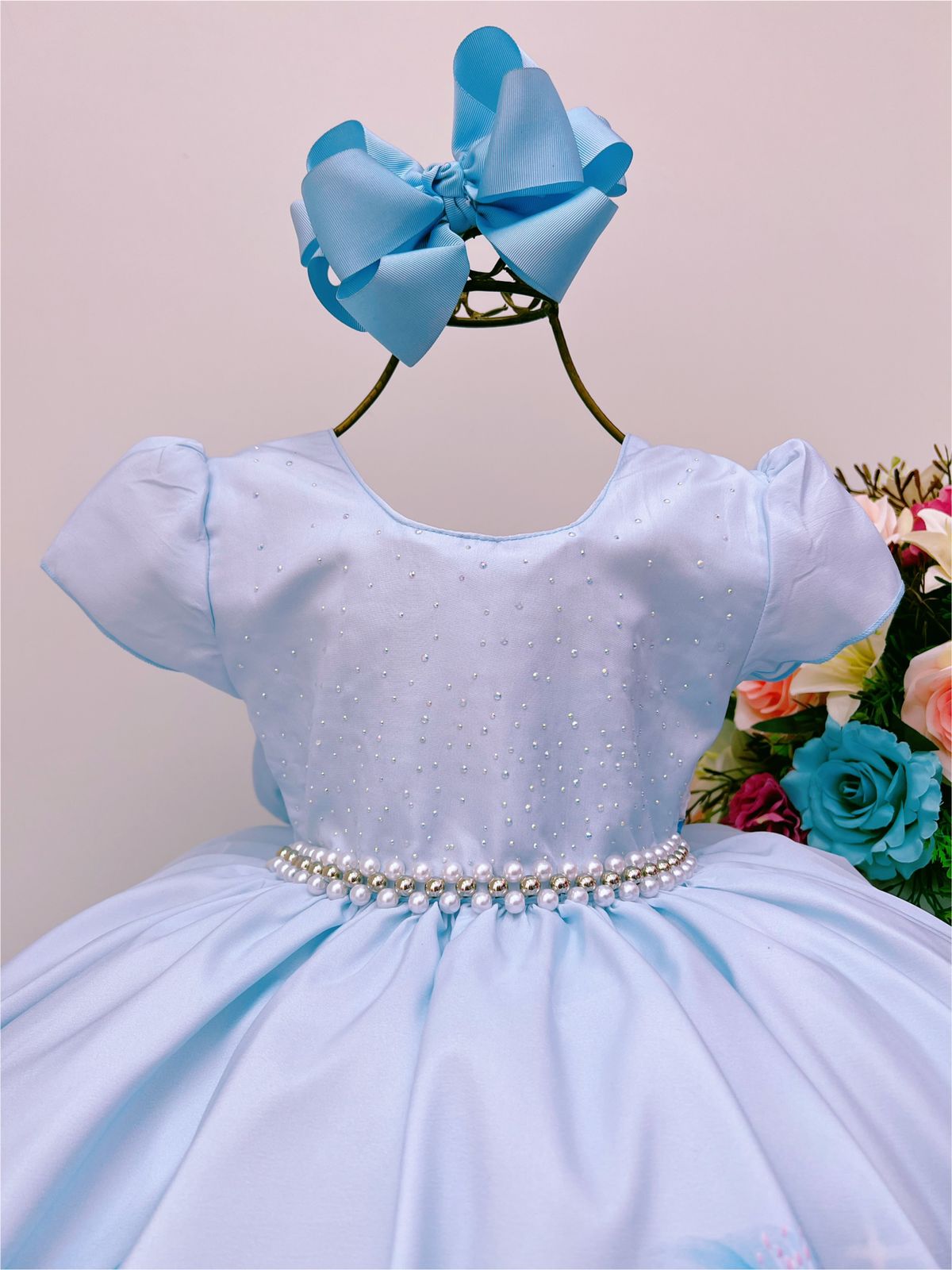 Vestido Infantil Azul Bebê Florido Peito Strass Pérolas