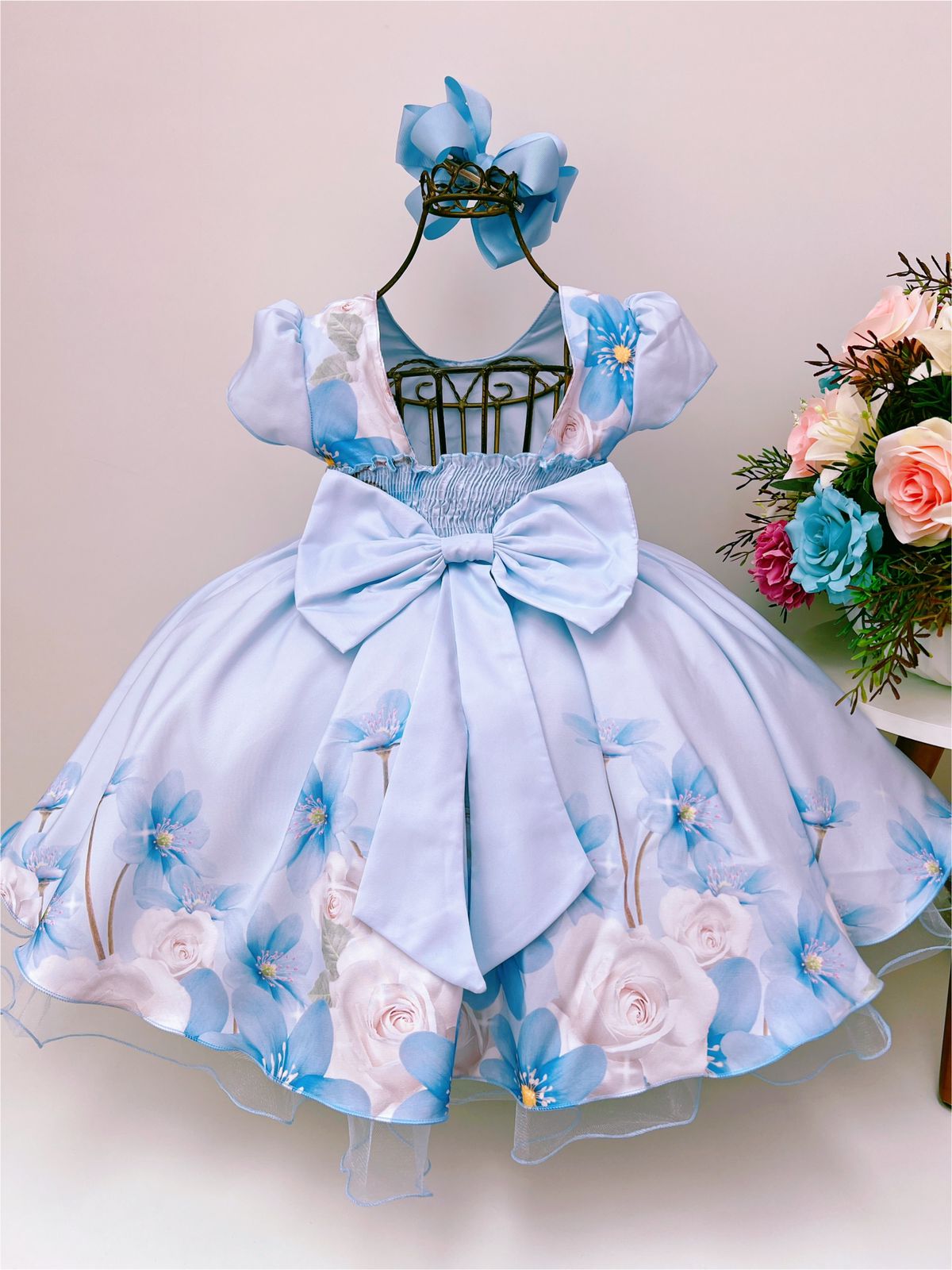 Vestido Infantil Azul Bebê Florido Peito Strass Pérolas