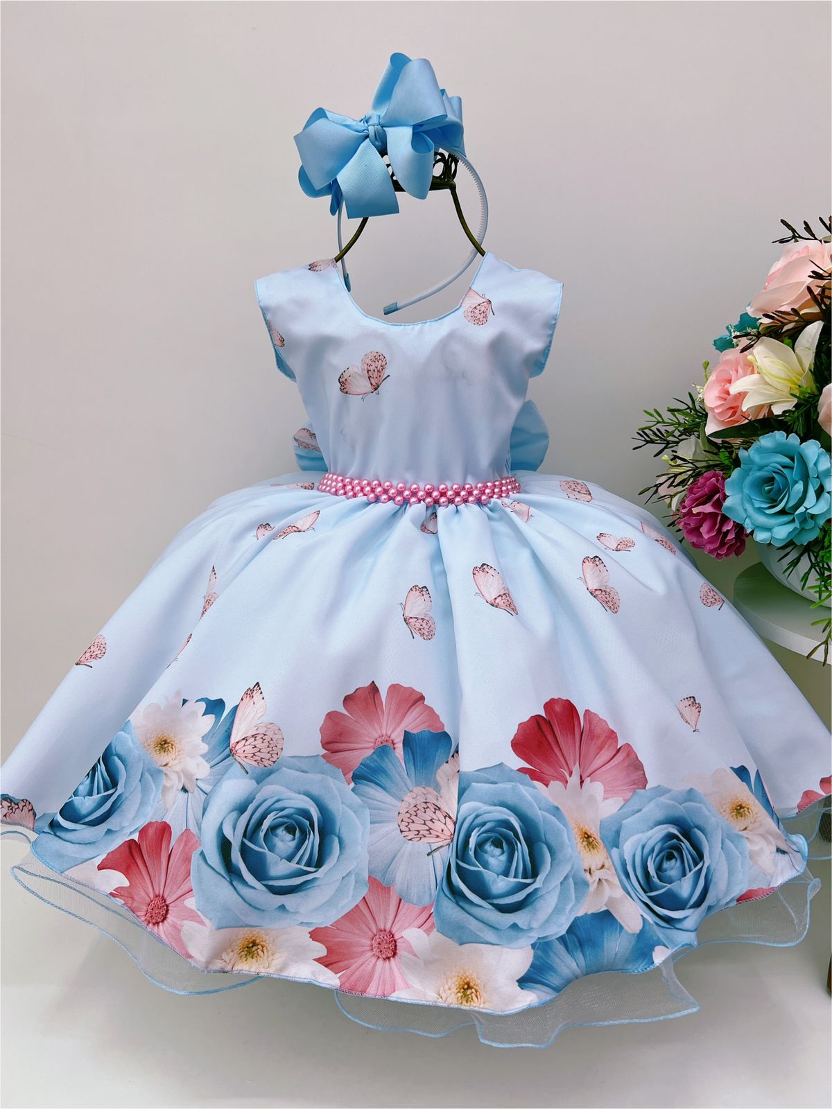 Vestido Infantil Azul Bebê Jardim das Borboletas Pérolas