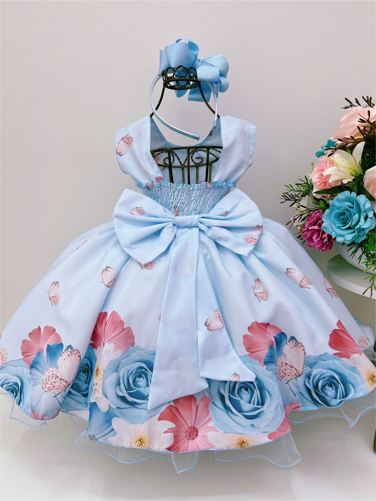 Vestido Infantil Azul Bebê Jardim das Borboletas Pérolas