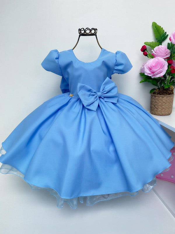 Vestido Infantil Azul Bebê Liso Laço Princesas Festa Luxo