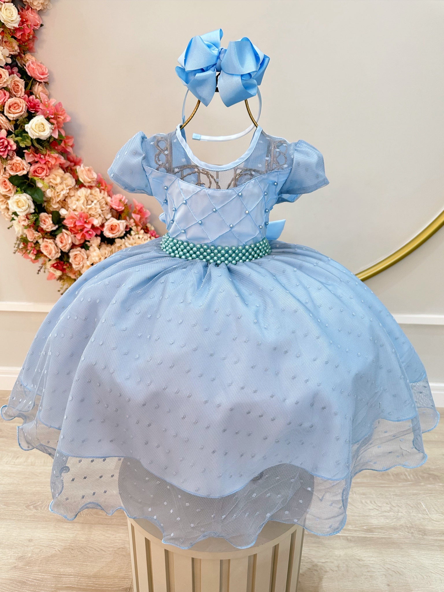 Vestido Infantil Azul Claro Busto Nervura e Tule Pipoquinha