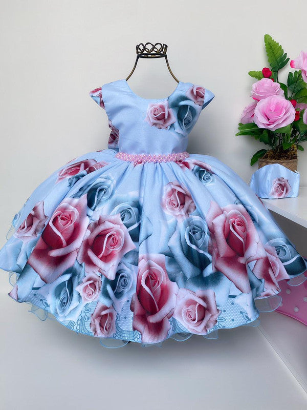 Vestido Infantil Azul Claro Floral Luxo Cinto Pérolas