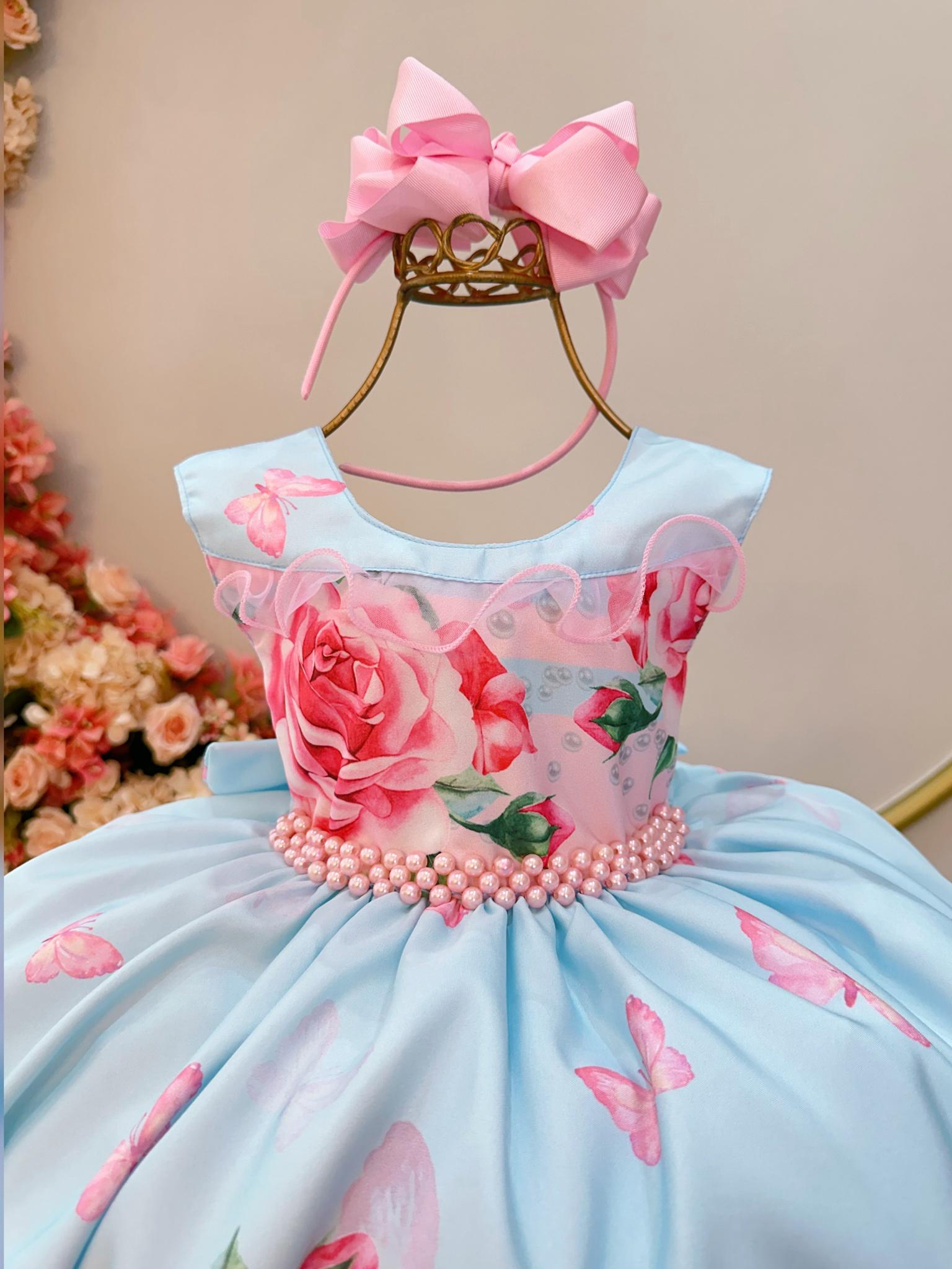 Vestido Infantil Azul Claro Jardim das Borboletas C/ Pérolas