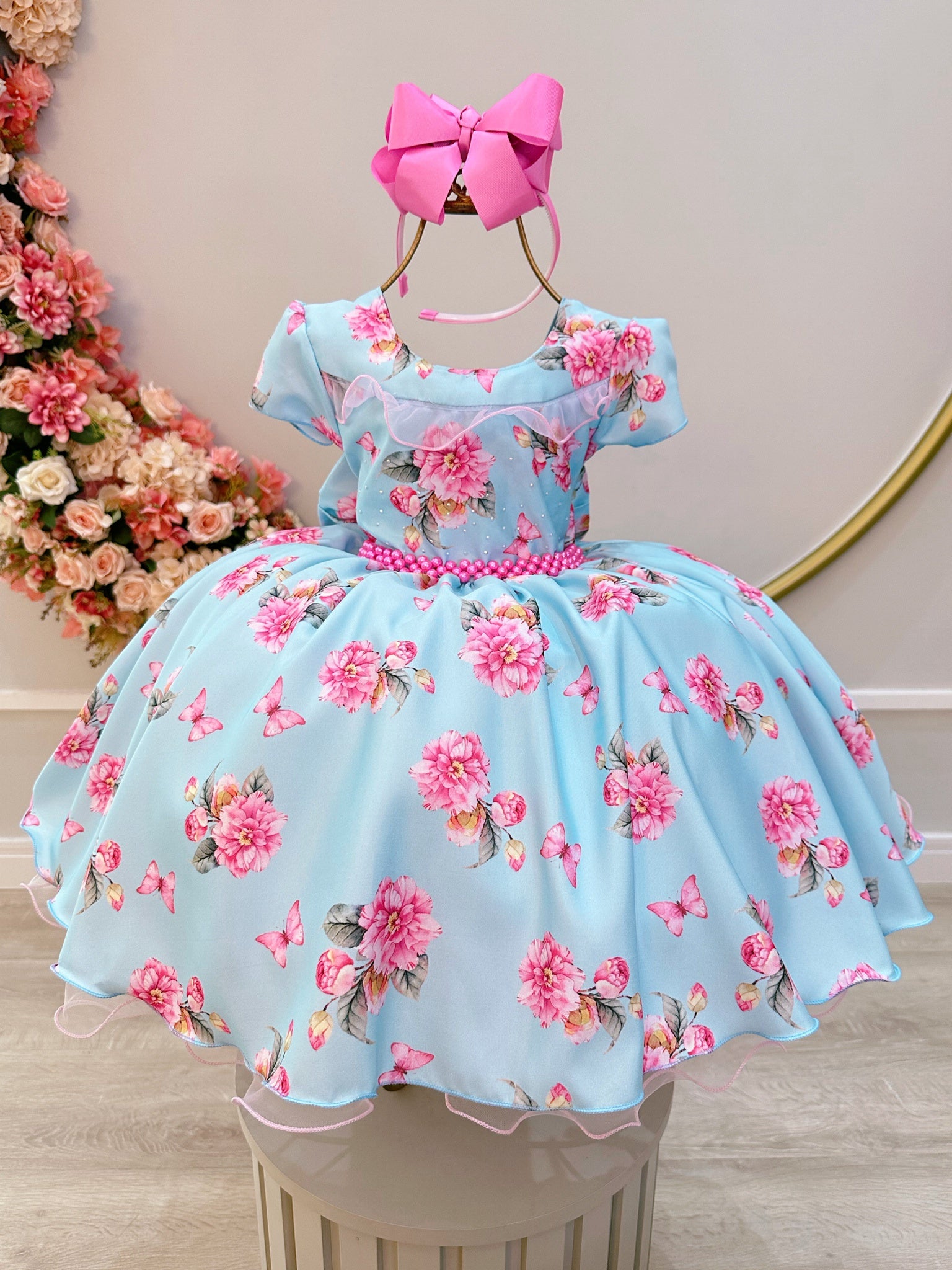 Vestido Infantil Azul Claro Jardim das Borboletas C/ Strass