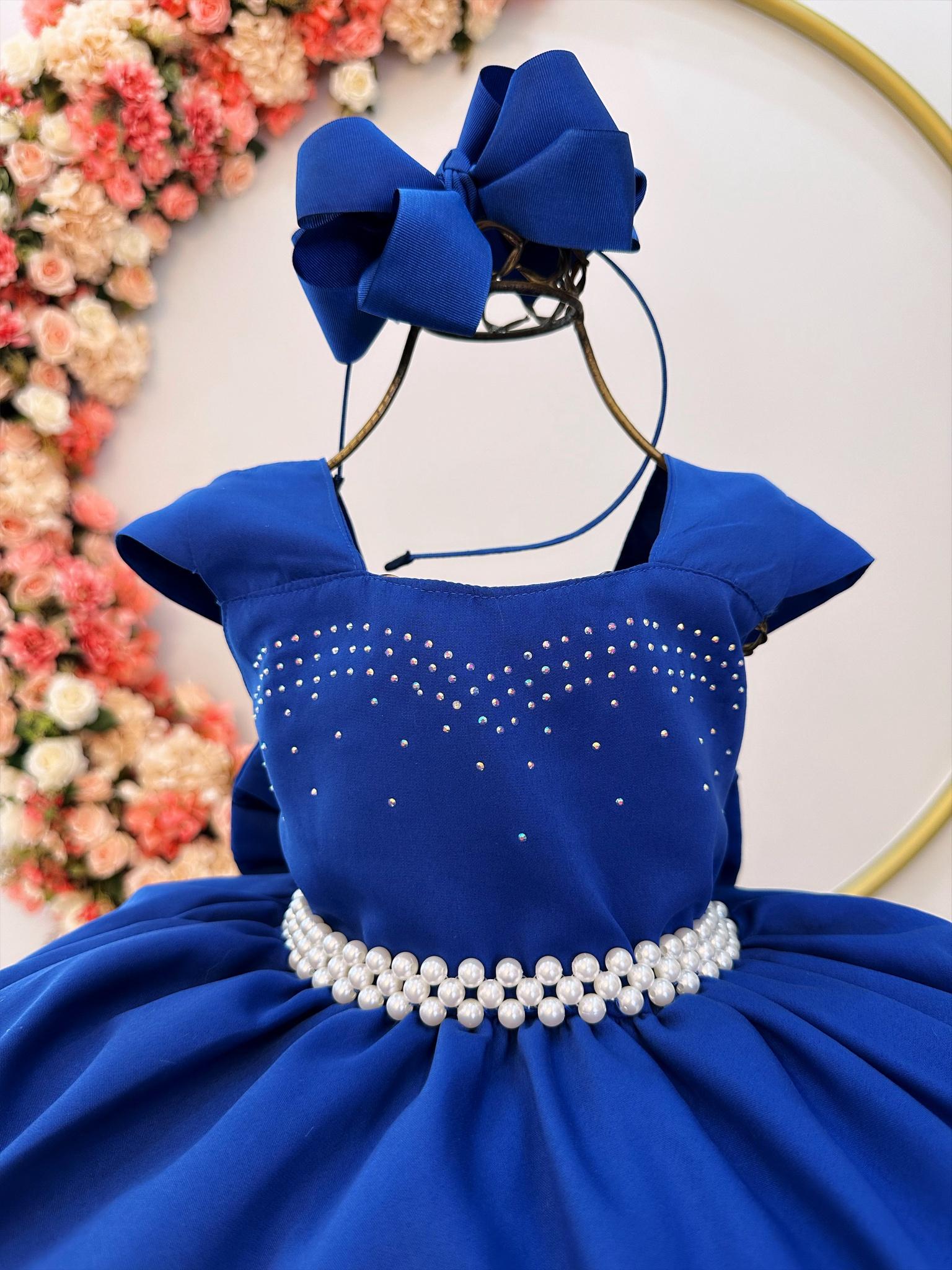 Vestido Infantil Azul Royal Busto C/ Strass Damas Formaturas