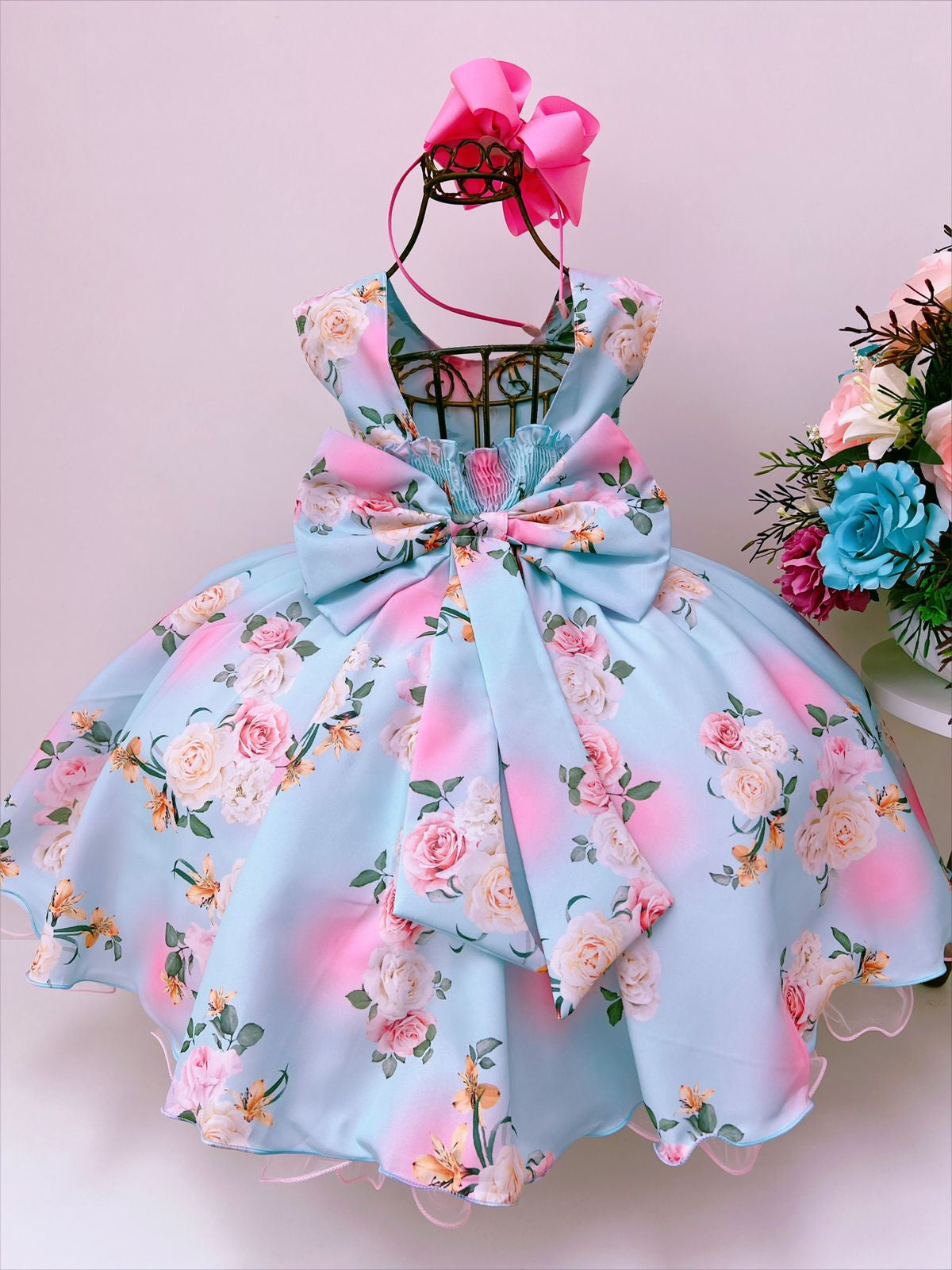 Vestido Infantil Azul Tiffany Florido Daminhas C/ Pérolas