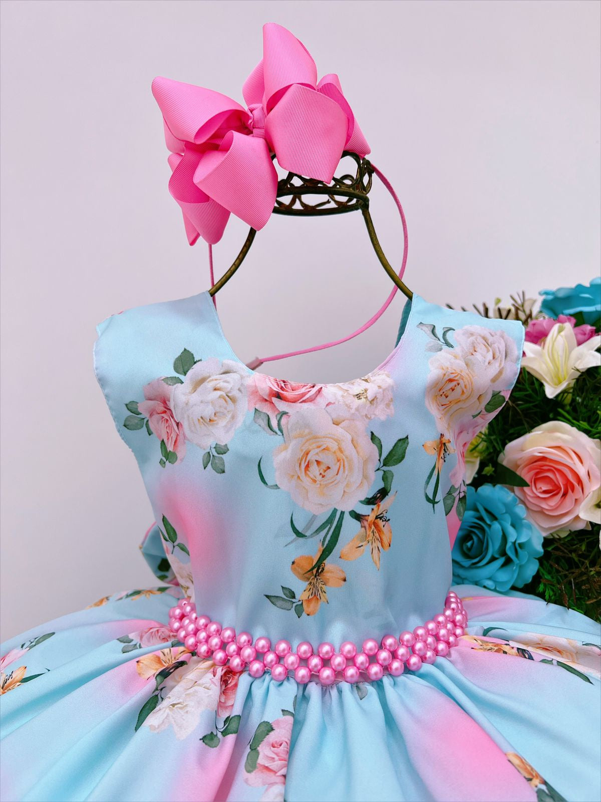 Vestido Infantil Azul Tiffany Florido Daminhas C/ Pérolas