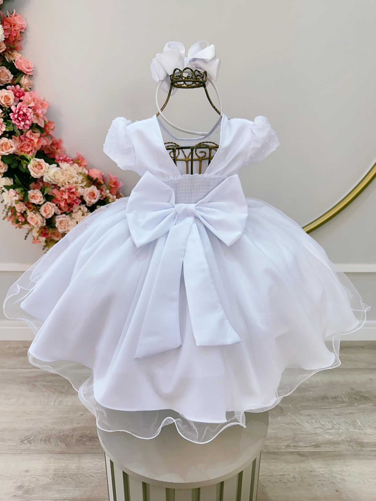Vestido Infantil Branco C/ Tule Pipoquinha Daminhas Festas