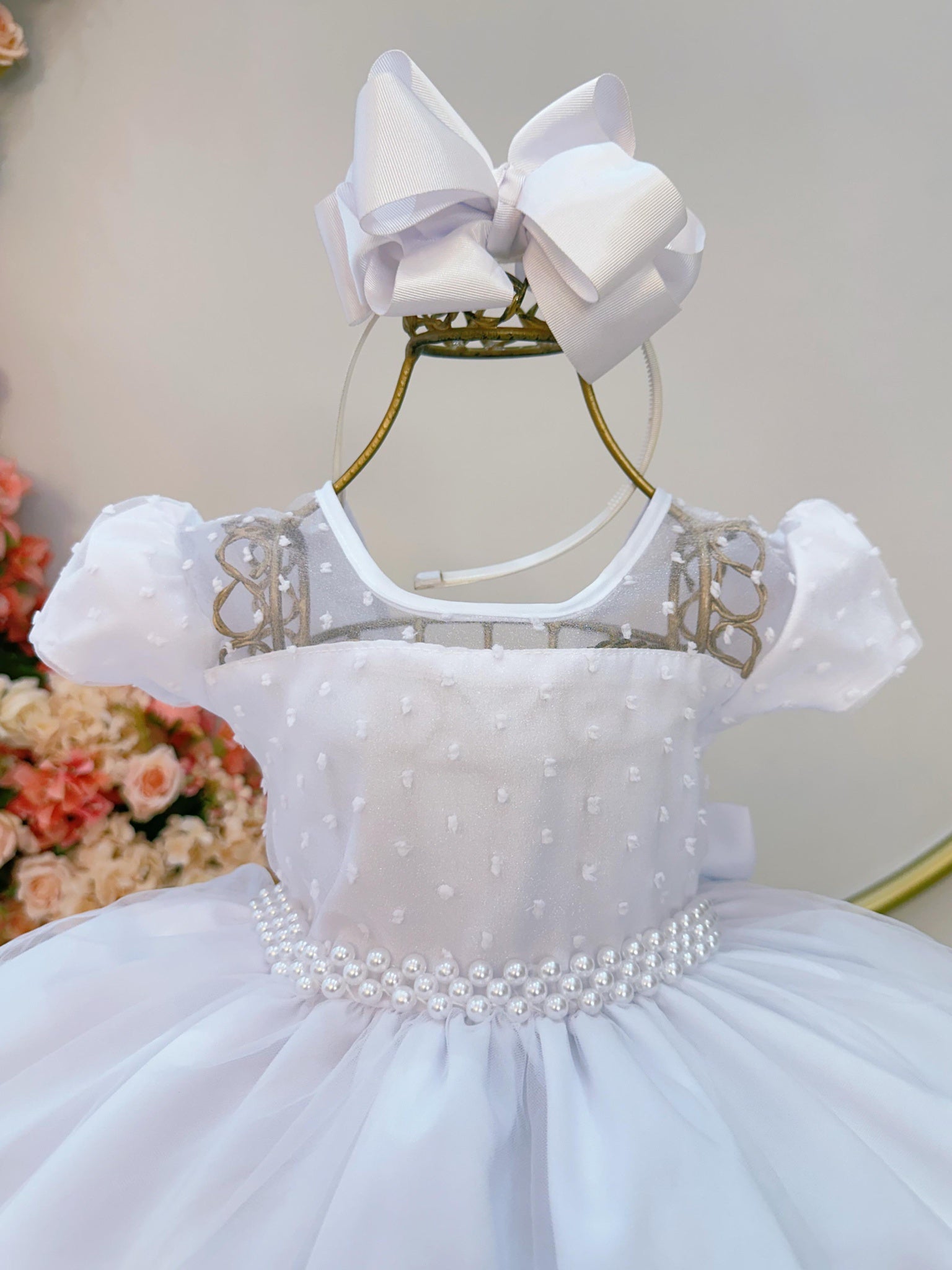 Vestido Infantil Branco C/ Tule Pipoquinha Daminhas Festas
