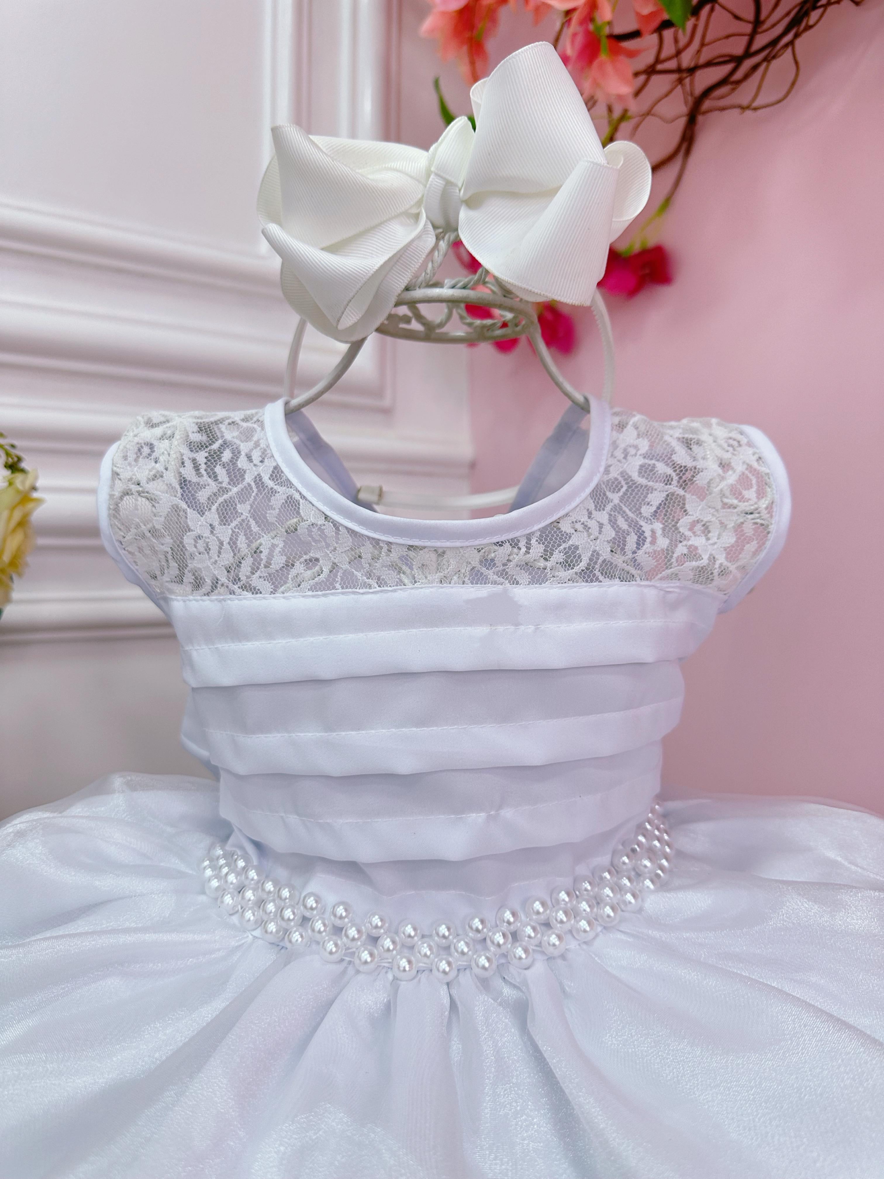 Vestido Infantil Branco Com Renda Cinto Pérolas
