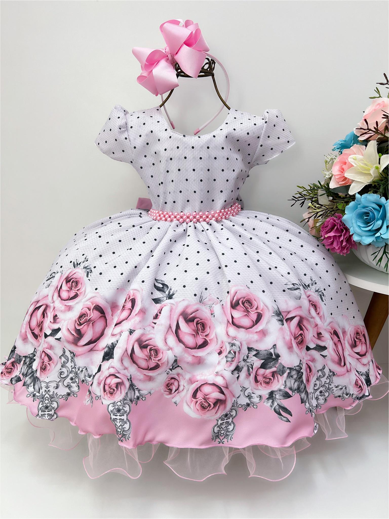 Vestido Infantil Branco Poá Floral Cinto Pérolas