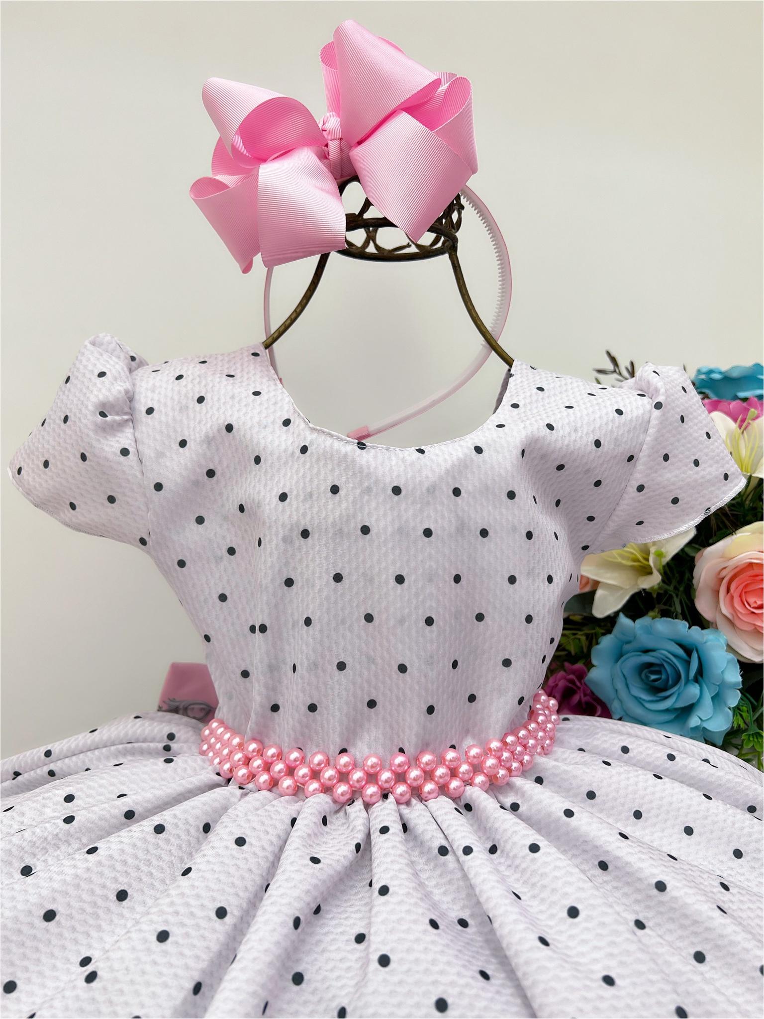 Vestido Infantil Branco Poá Floral Cinto Pérolas
