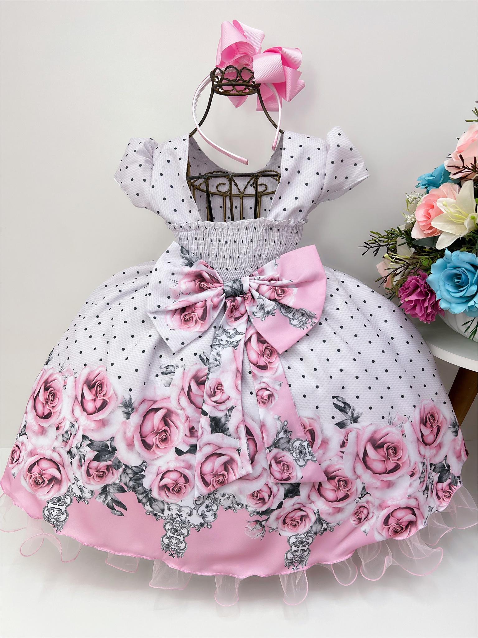 Vestido Infantil Branco Poá Floral Cinto Pérolas