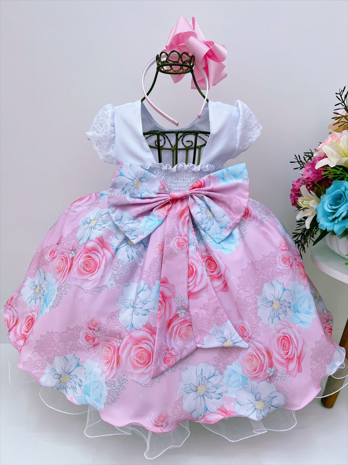 Vestido Infantil Branco Renda Saia Rosa Florida Pérolas Luxo