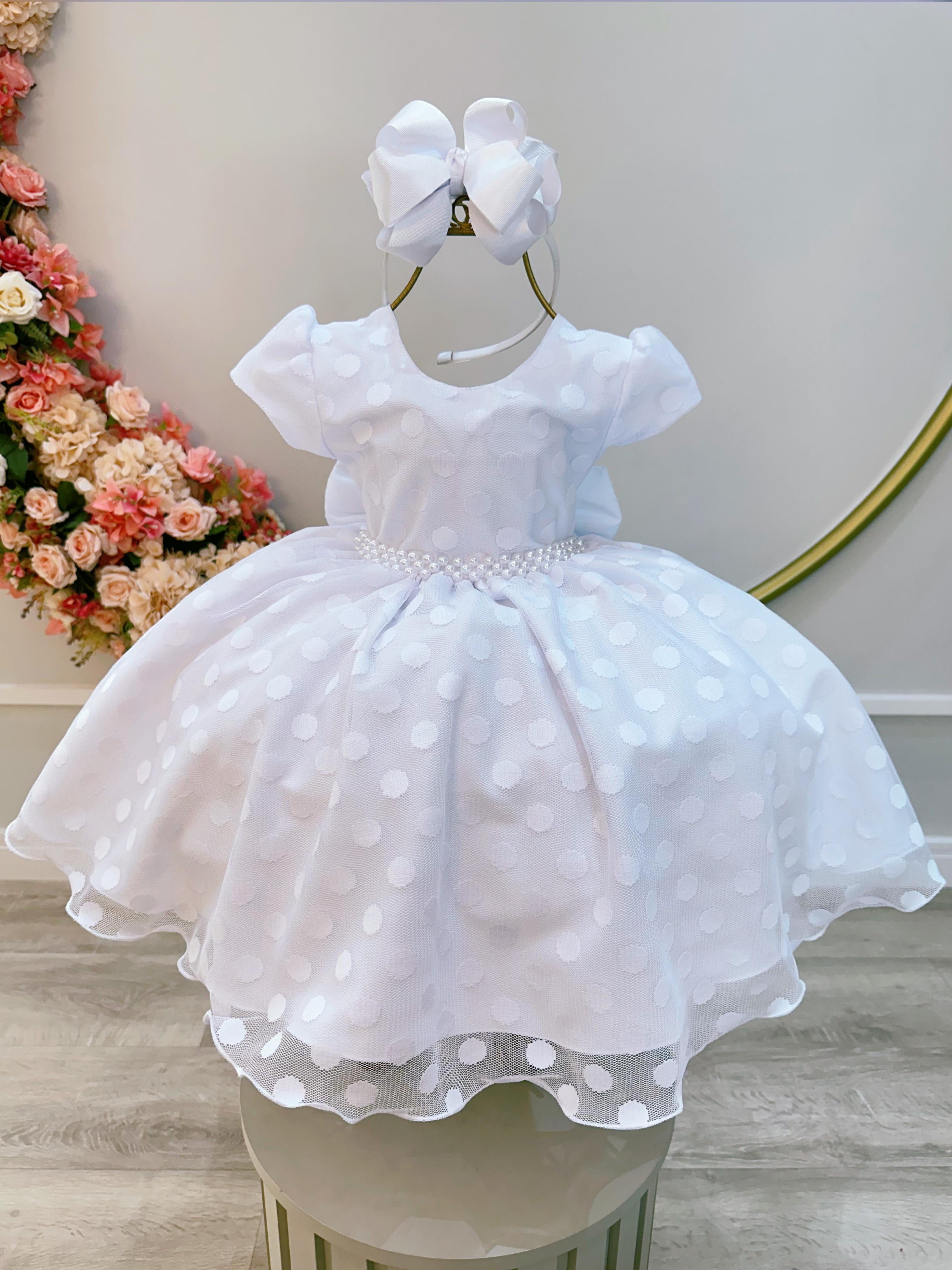 Vestido Infantil Branco Tule C/ Bolinhas e Pérolas Luxo