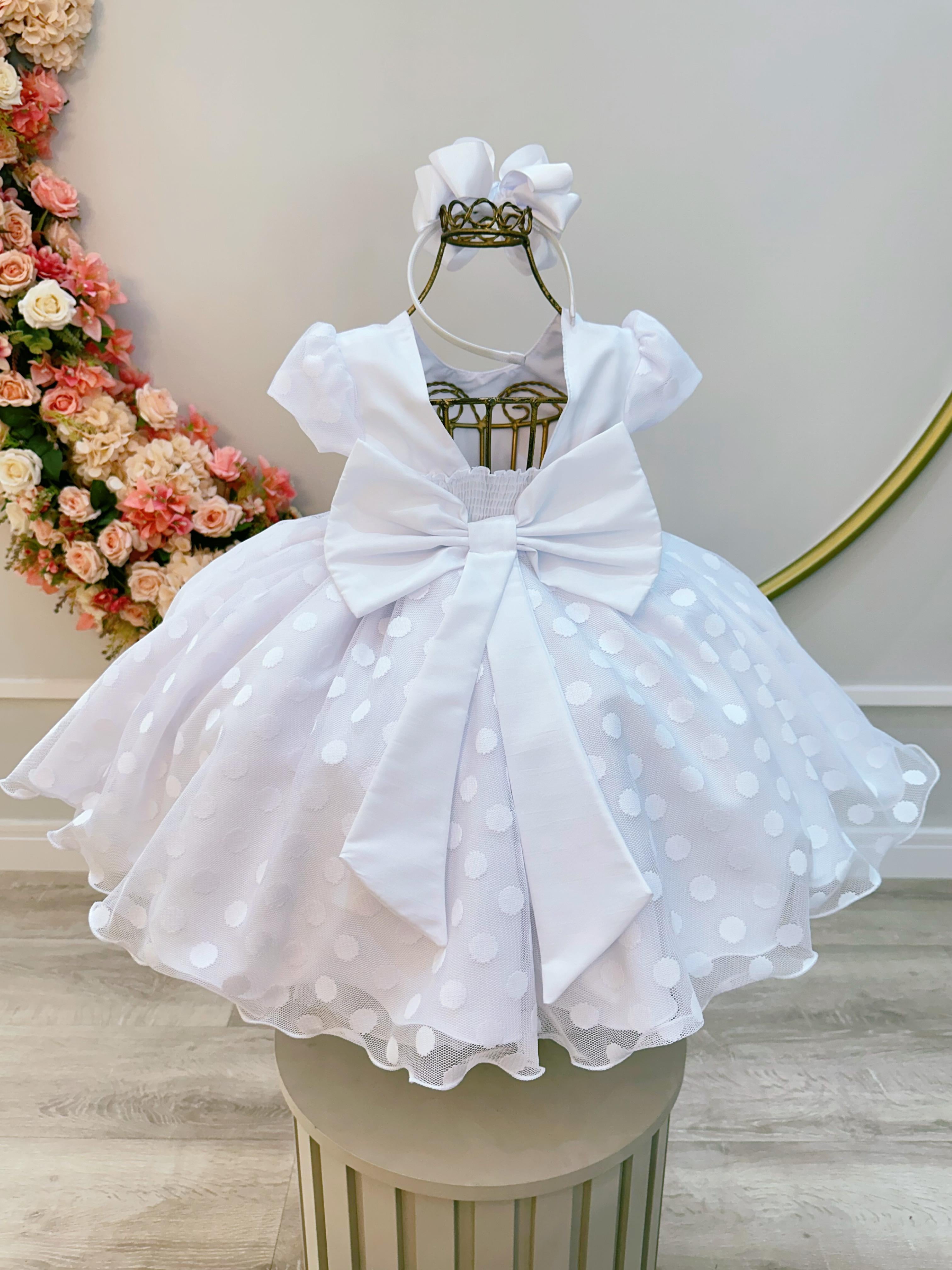 Vestido Infantil Branco Tule C/ Bolinhas e Pérolas Luxo