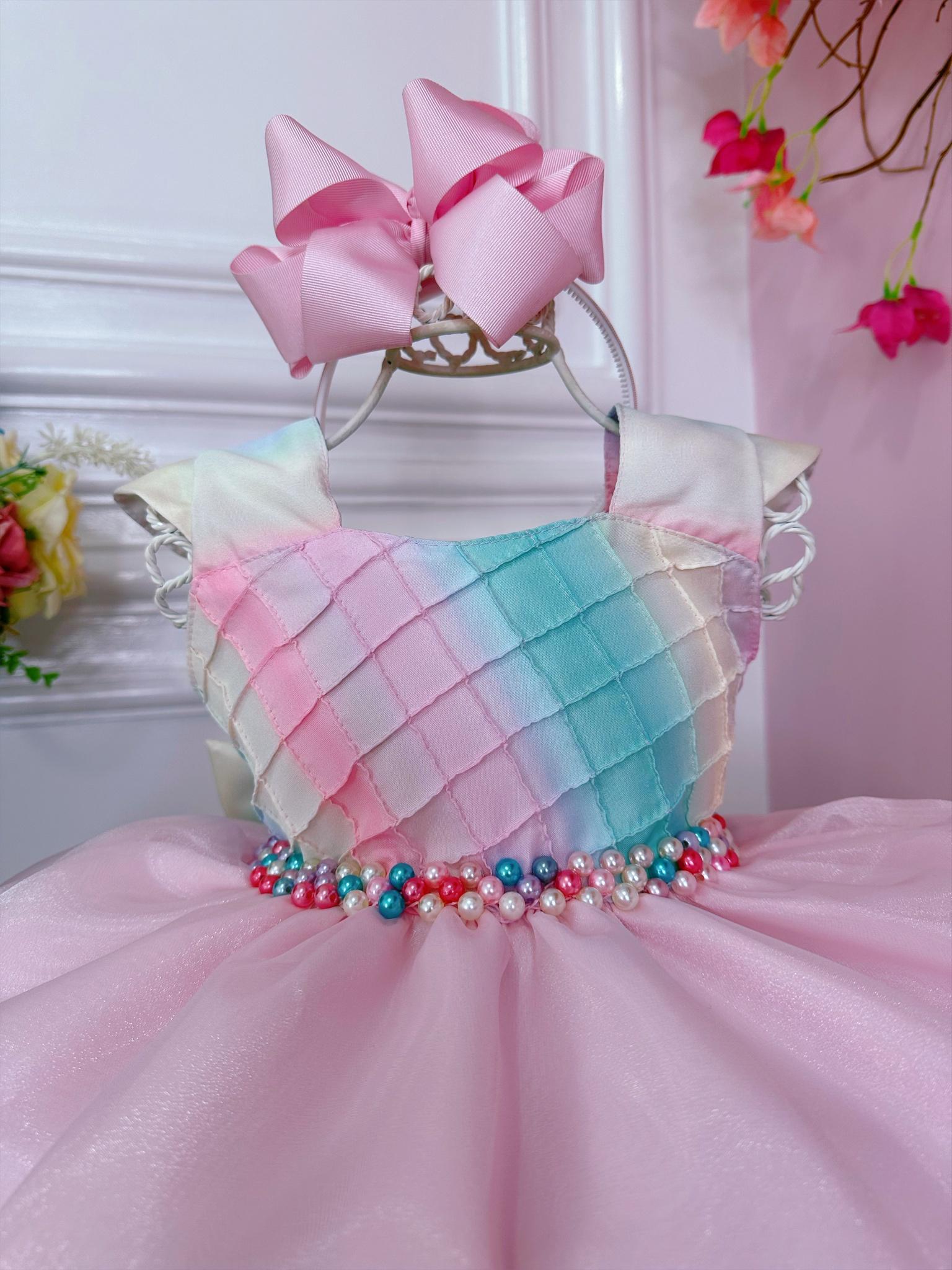 Vestido Infantil Chuva de Amor Arco Irís Peito Nervura