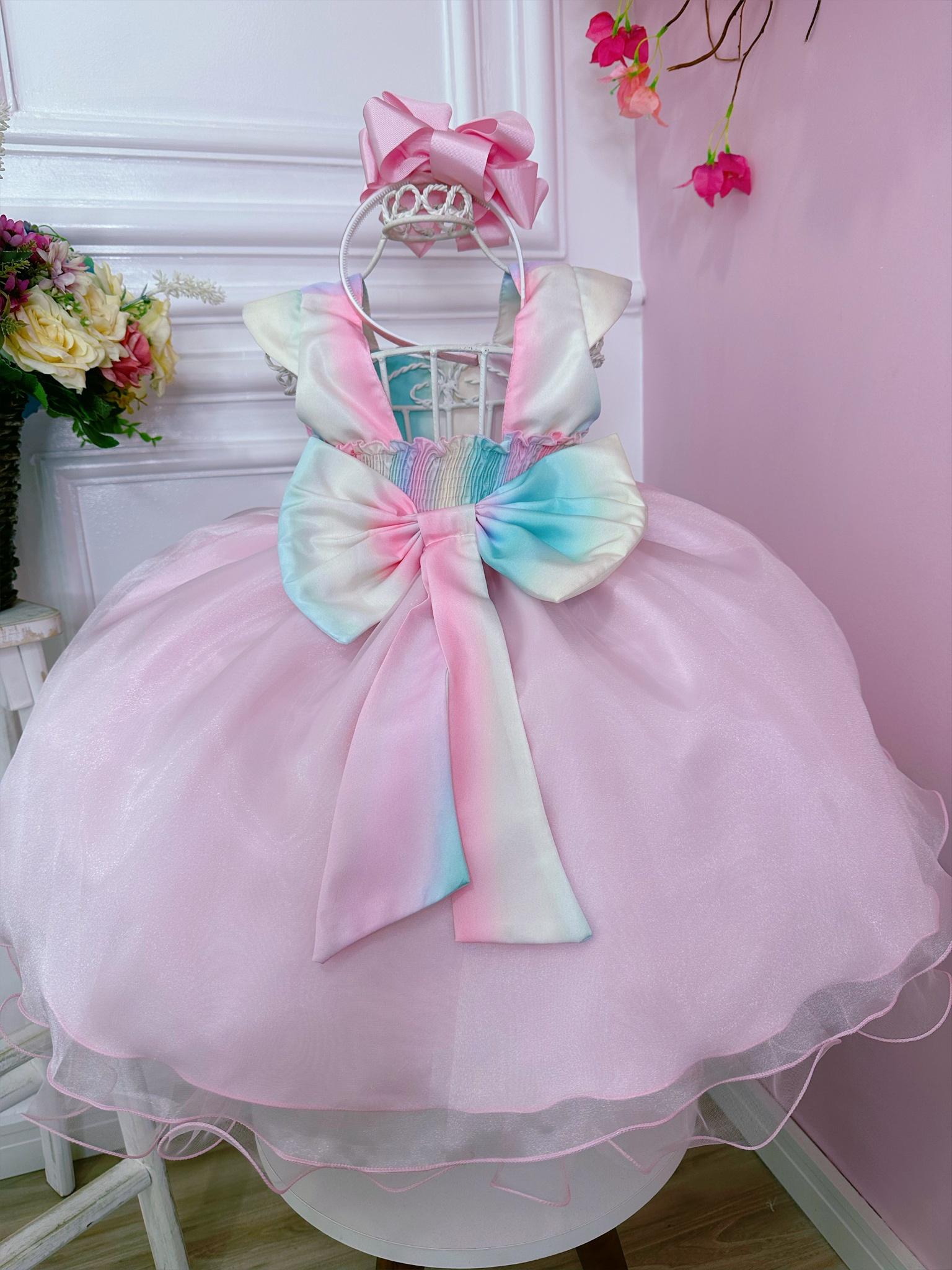 Vestido Infantil Chuva de Amor Arco Irís Peito Nervura