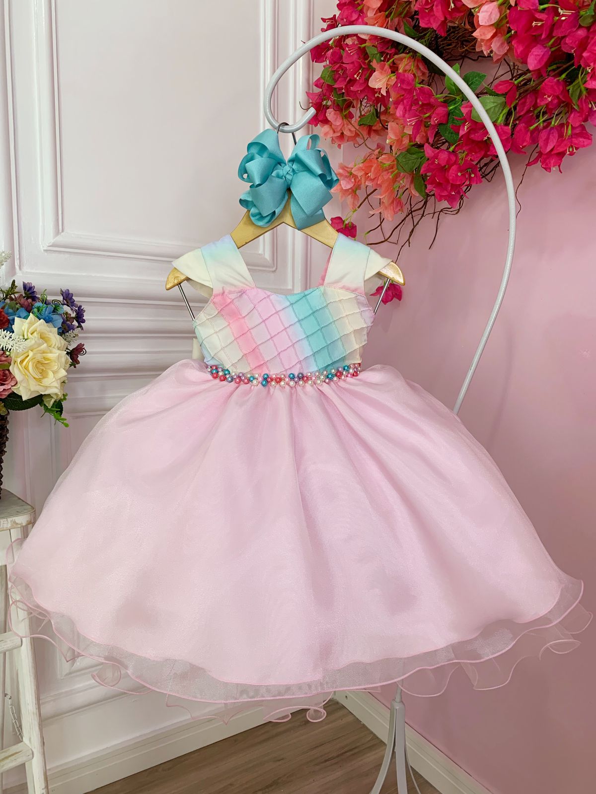 Vestido Infantil Chuva de Amor Arco Irís Peito Nervura