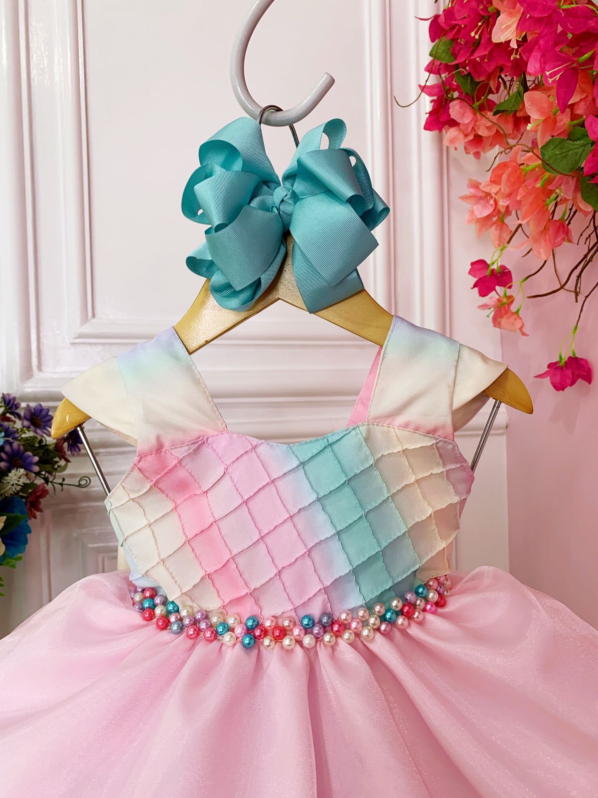 Vestido Infantil Chuva de Amor Arco Irís Peito Nervura