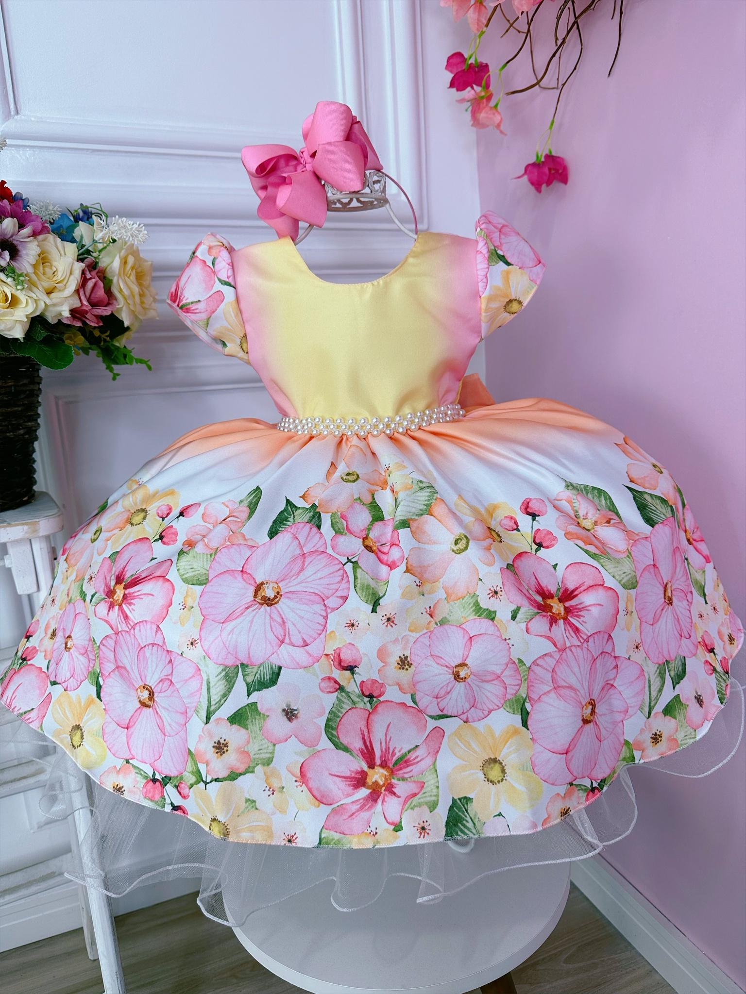 Vestido Infantil Colorido Jardim das Flores C/ Cinto Pérolas