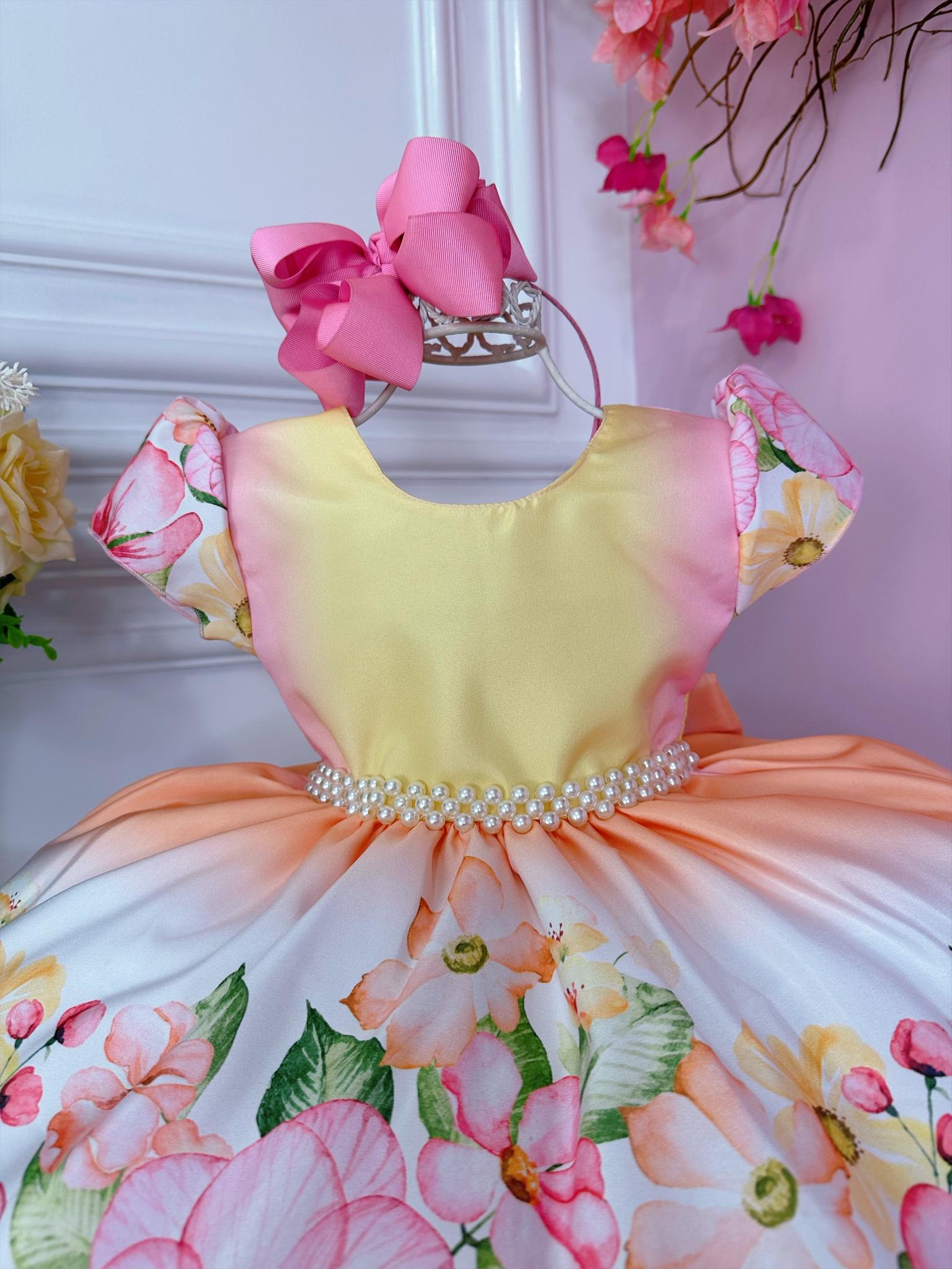 Vestido Infantil Colorido Jardim das Flores C/ Cinto Pérolas