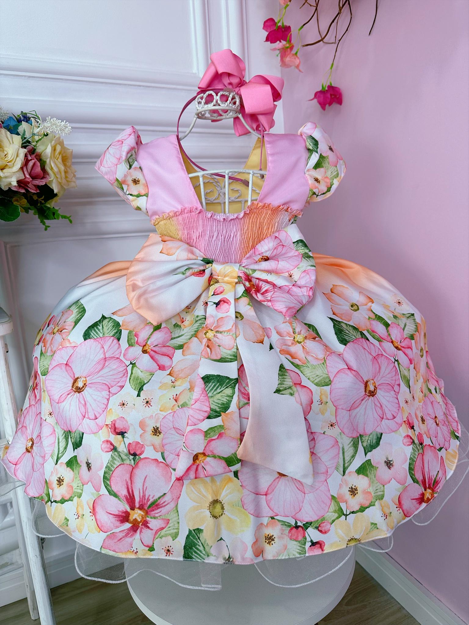 Vestido Infantil Colorido Jardim das Flores C/ Cinto Pérolas