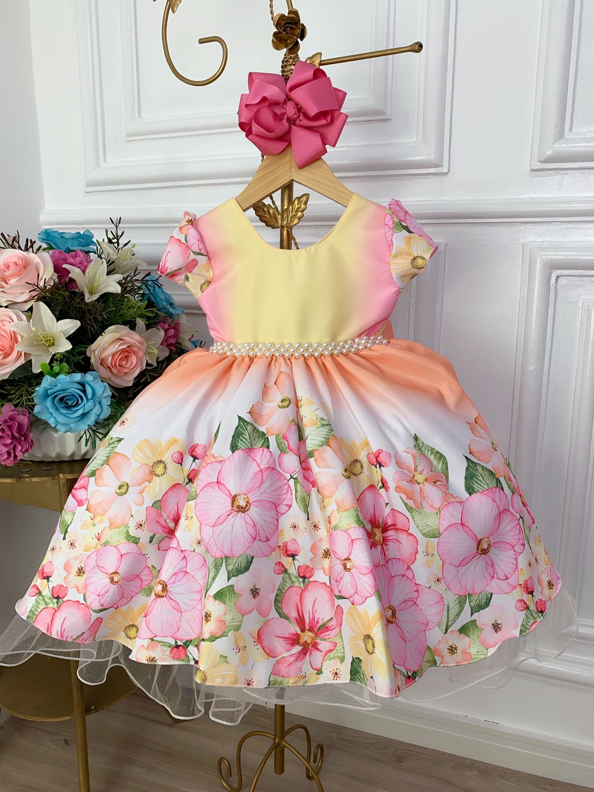 Vestido Infantil Colorido Jardim das Flores C/ Cinto Pérolas