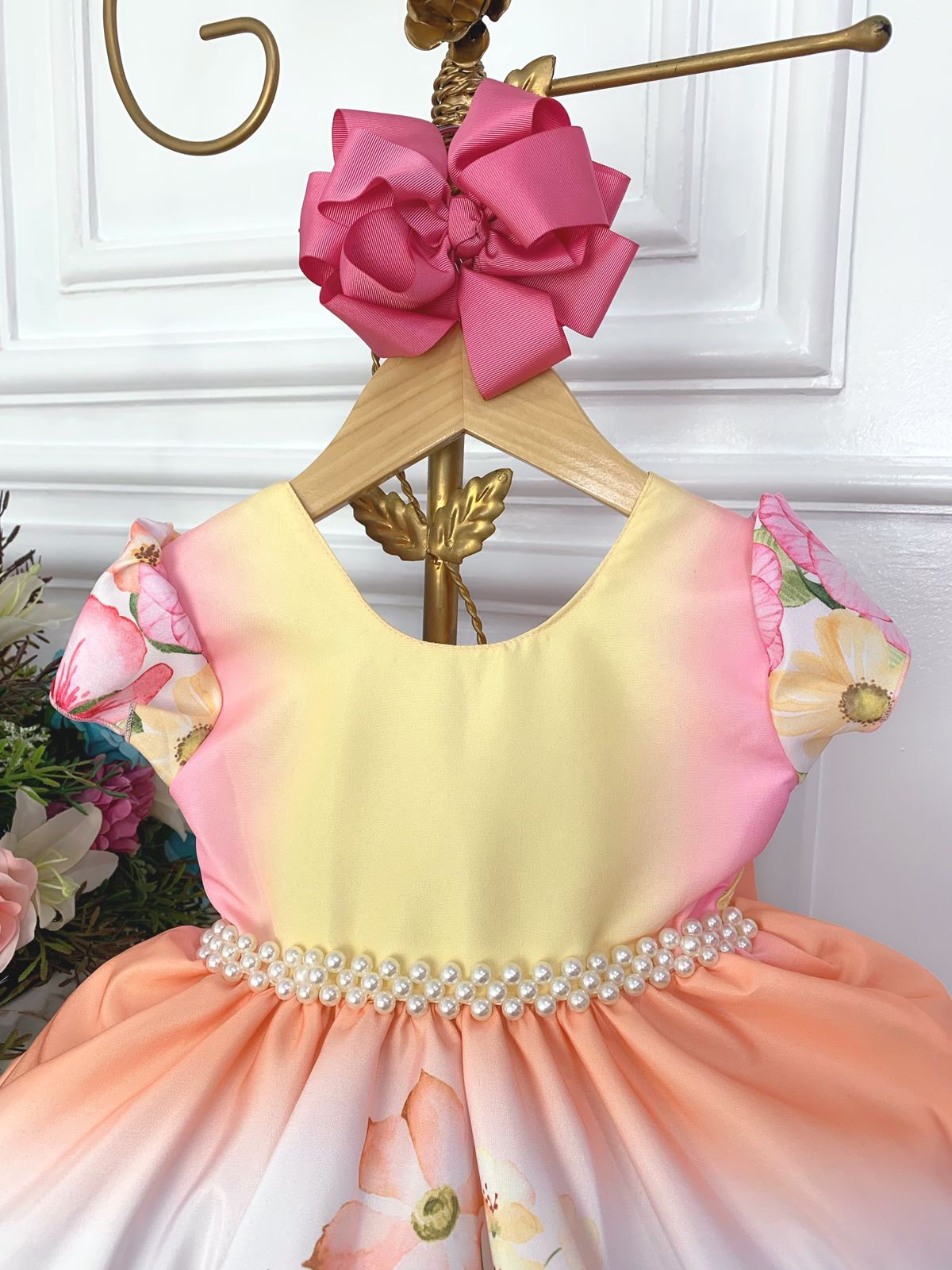 Vestido Infantil Colorido Jardim das Flores C/ Cinto Pérolas