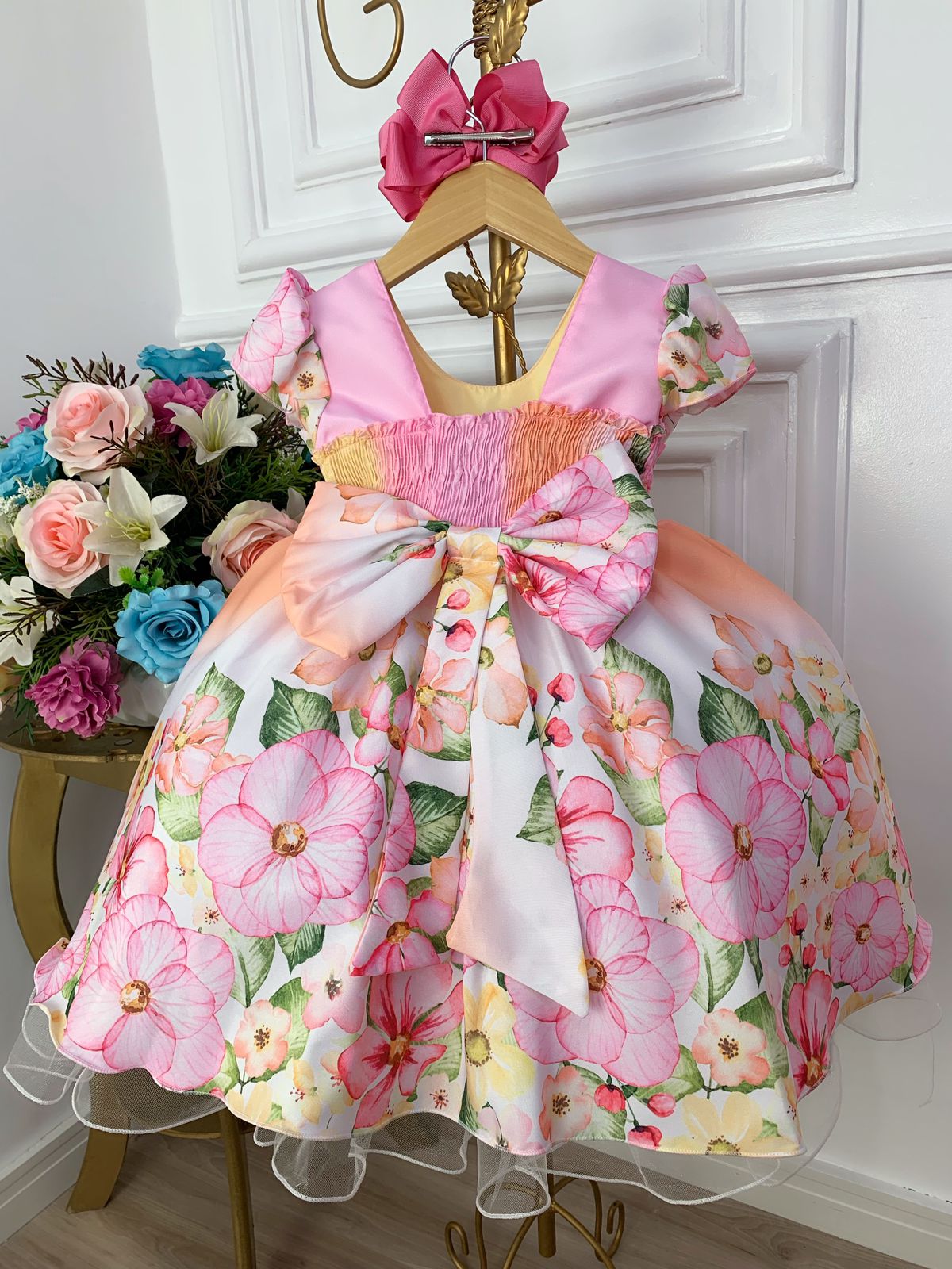 Vestido Infantil Colorido Jardim das Flores C/ Cinto Pérolas