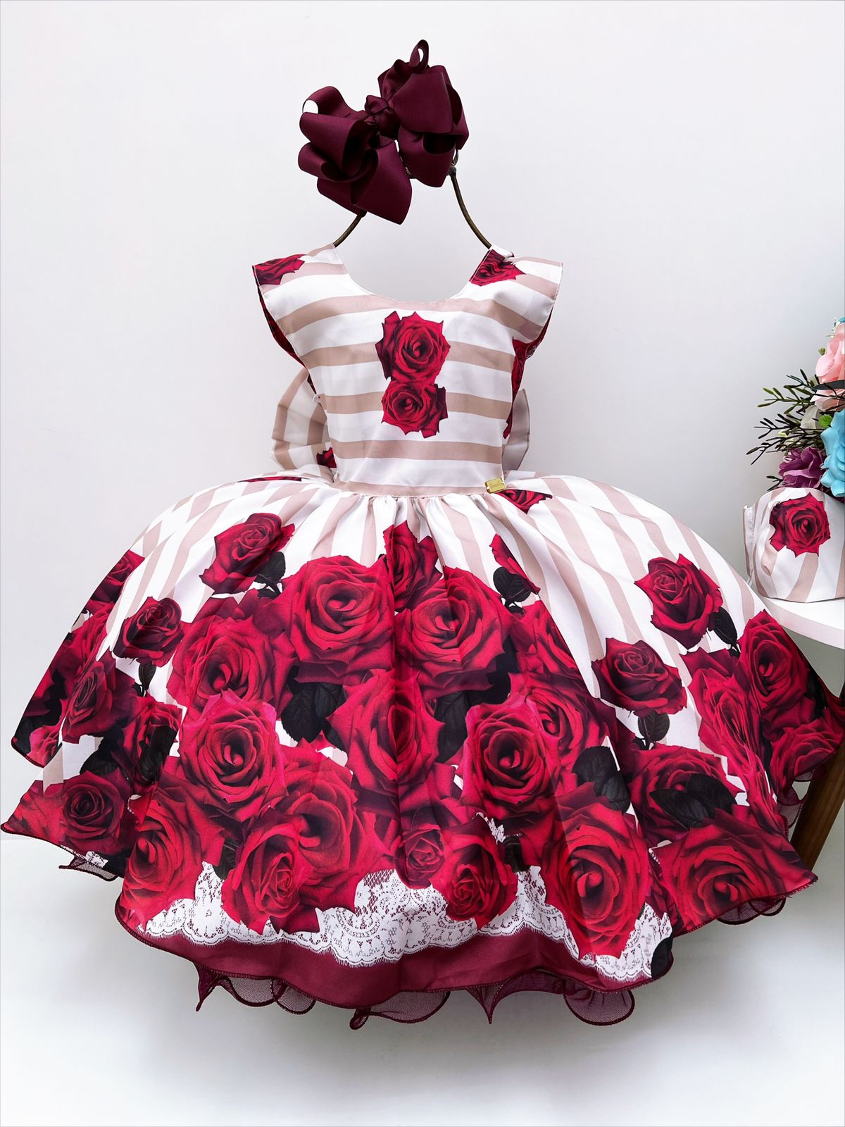 Vestido Infantil Floral Marsala Listras Horizontal Luxo
