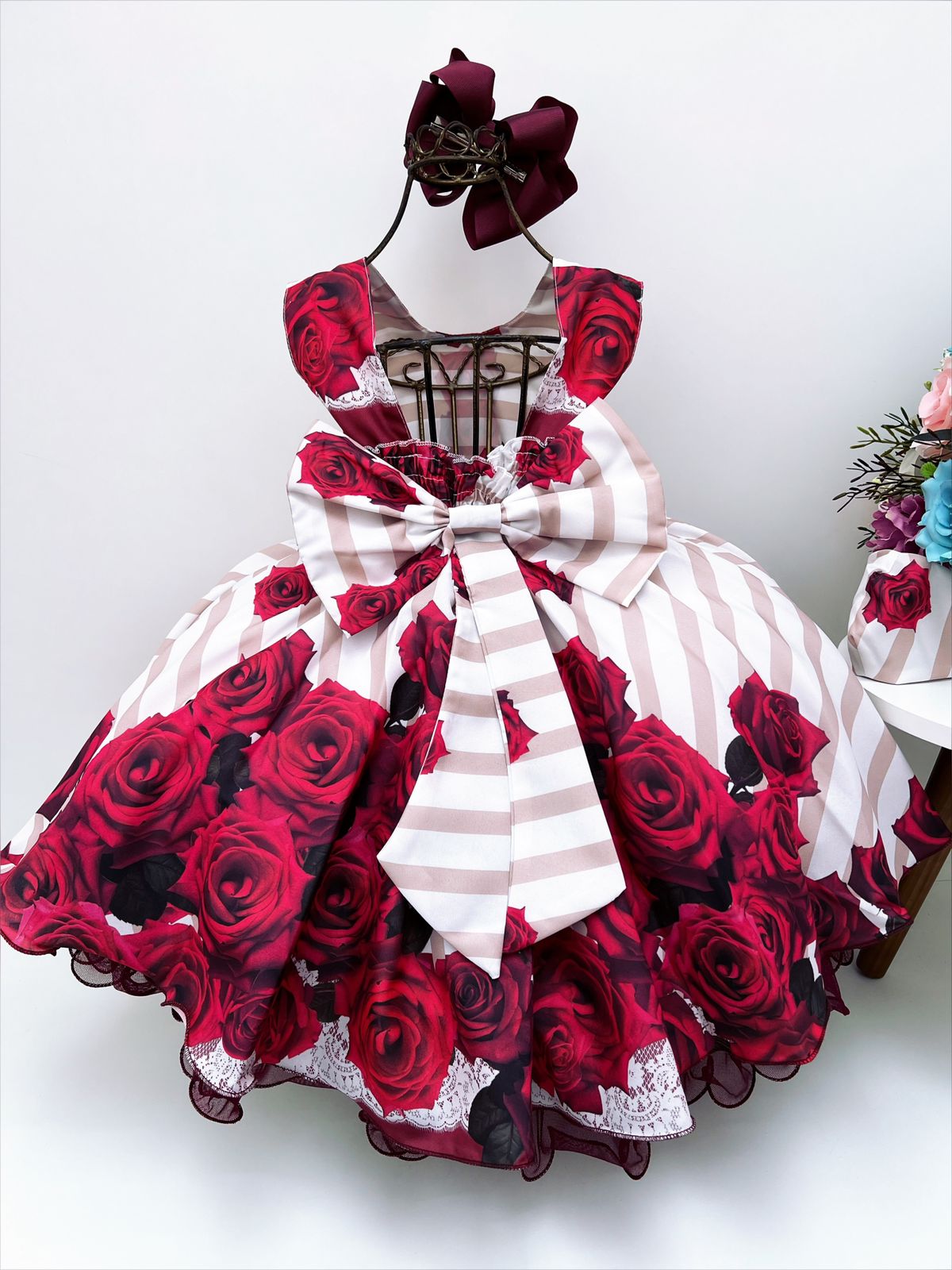 Vestido Infantil Floral Marsala Listras Horizontal Luxo